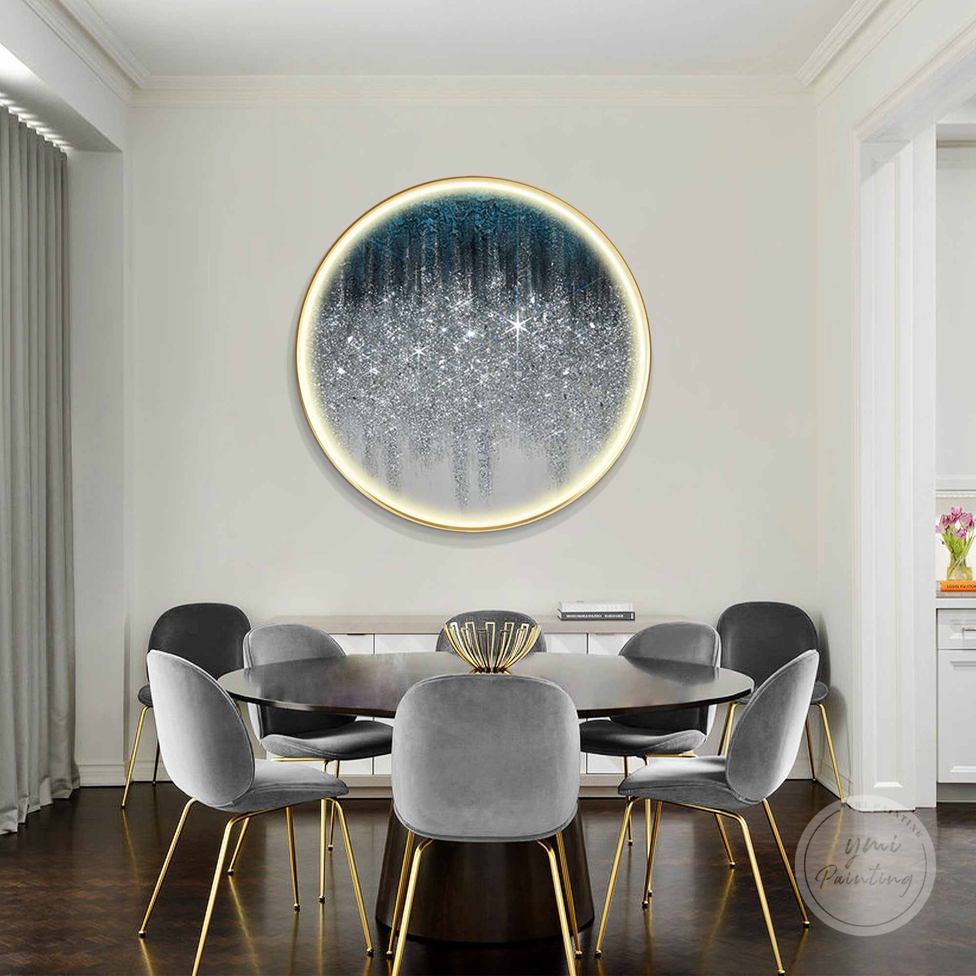 Round LED silver glitter and crushed glass wall painting, perfect for housewarming or wedding gifts.