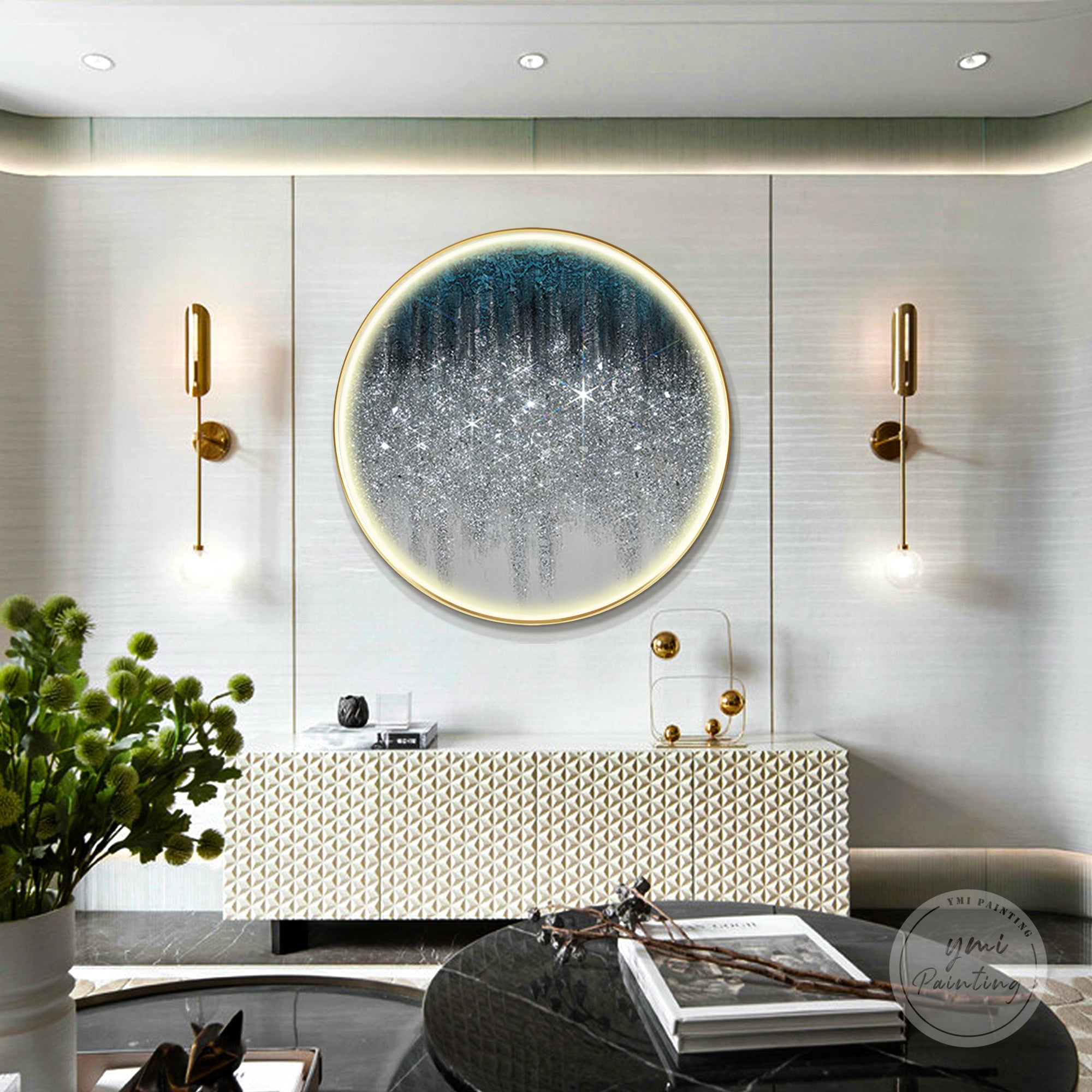 Contemporary round LED painting with glitter and crushed glass, enhances modern apartments or condos.