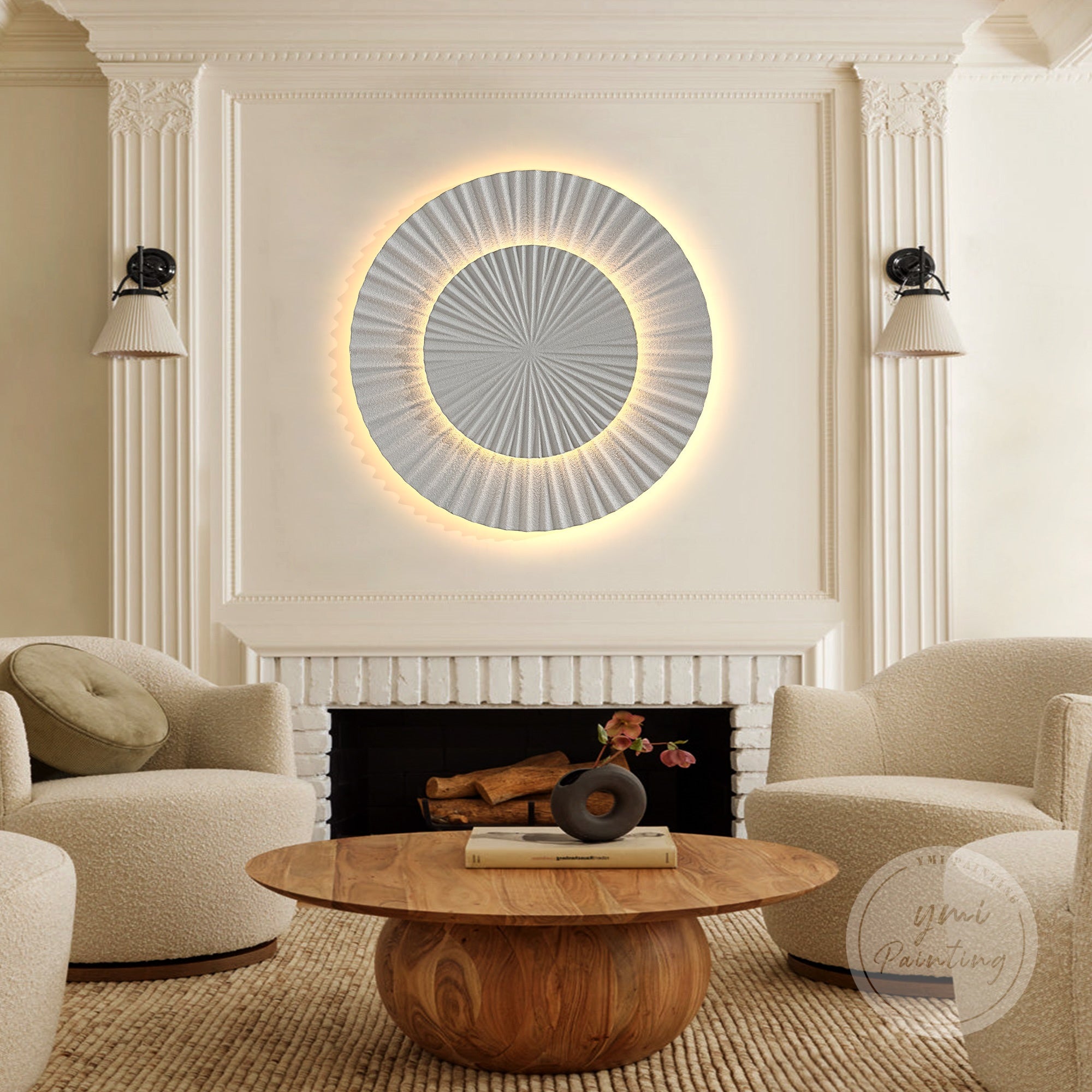 Abstract Round Wooden Wall Art featuring LED lights and handcrafted layered textures.