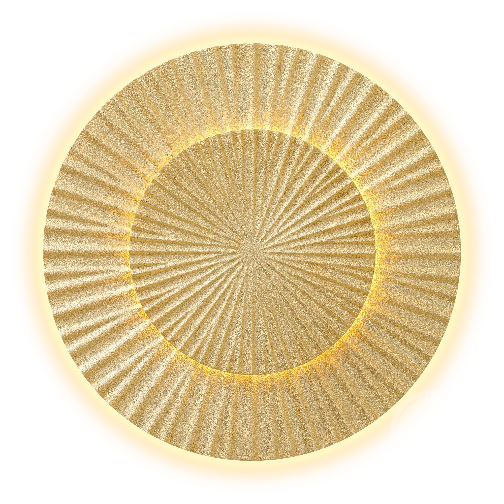 Double layered 3D gold leaf wood carving with built-in LED lights, creating a radiant and luxurious wall art centerpiece.