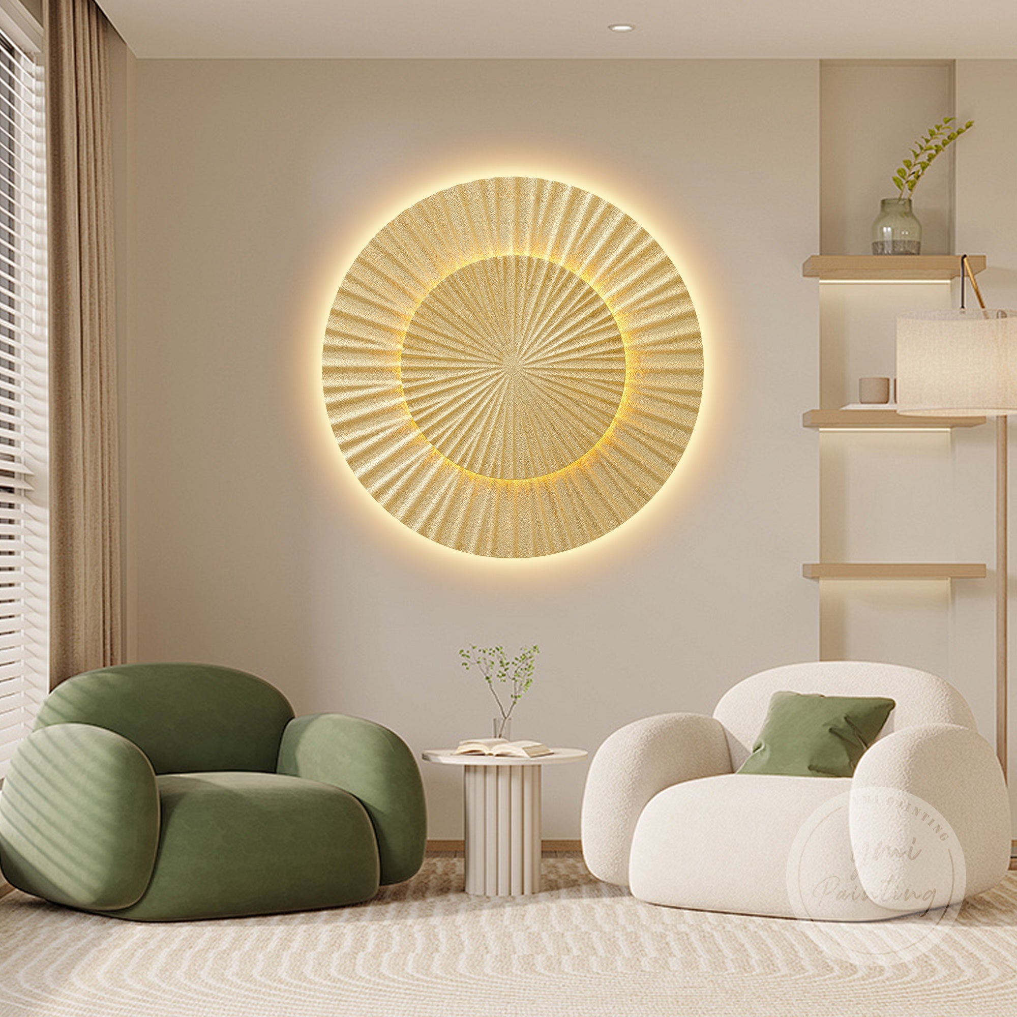 Illuminated round wood wall art featuring layered carving and golden leaf accents, perfect for office or modern interiors.