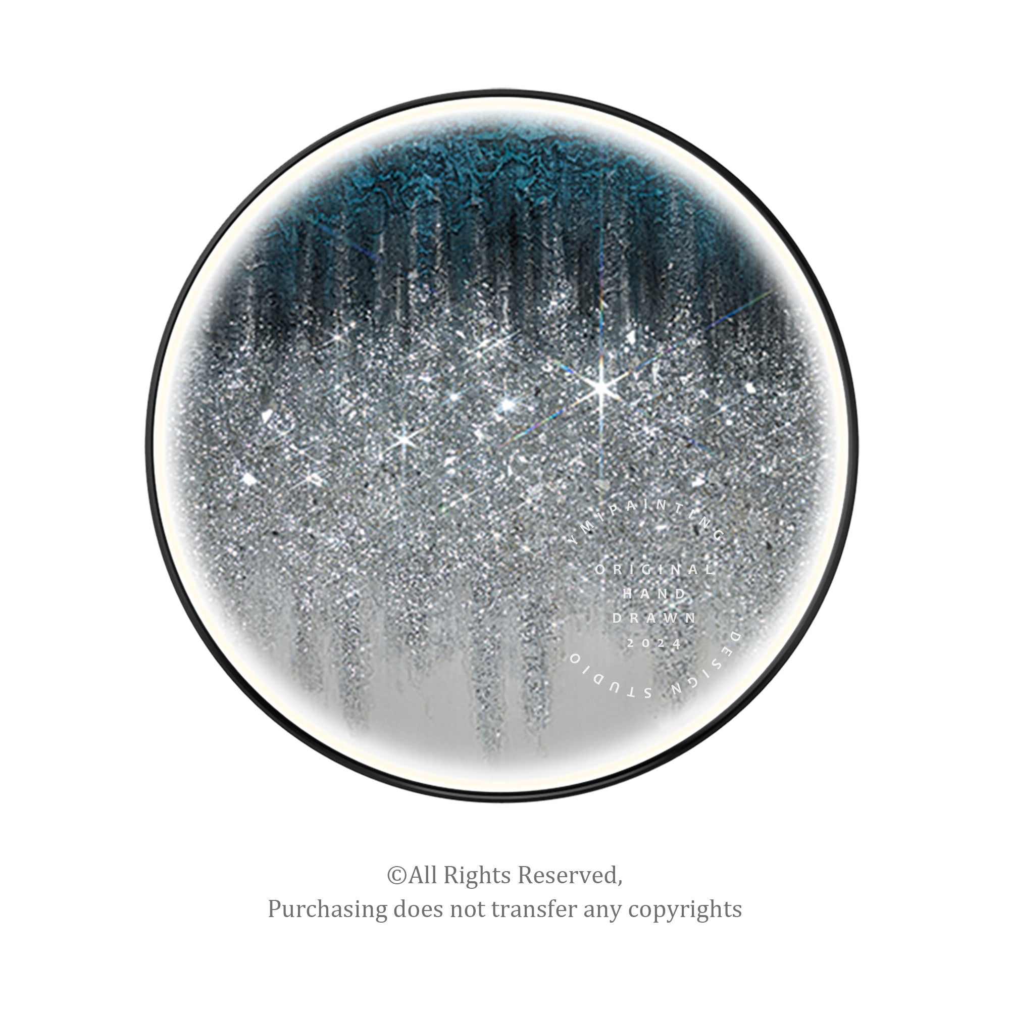 Elegant round LED wall art with cold LED lighting, glitter, and crushed glass accents for upscale interiors.