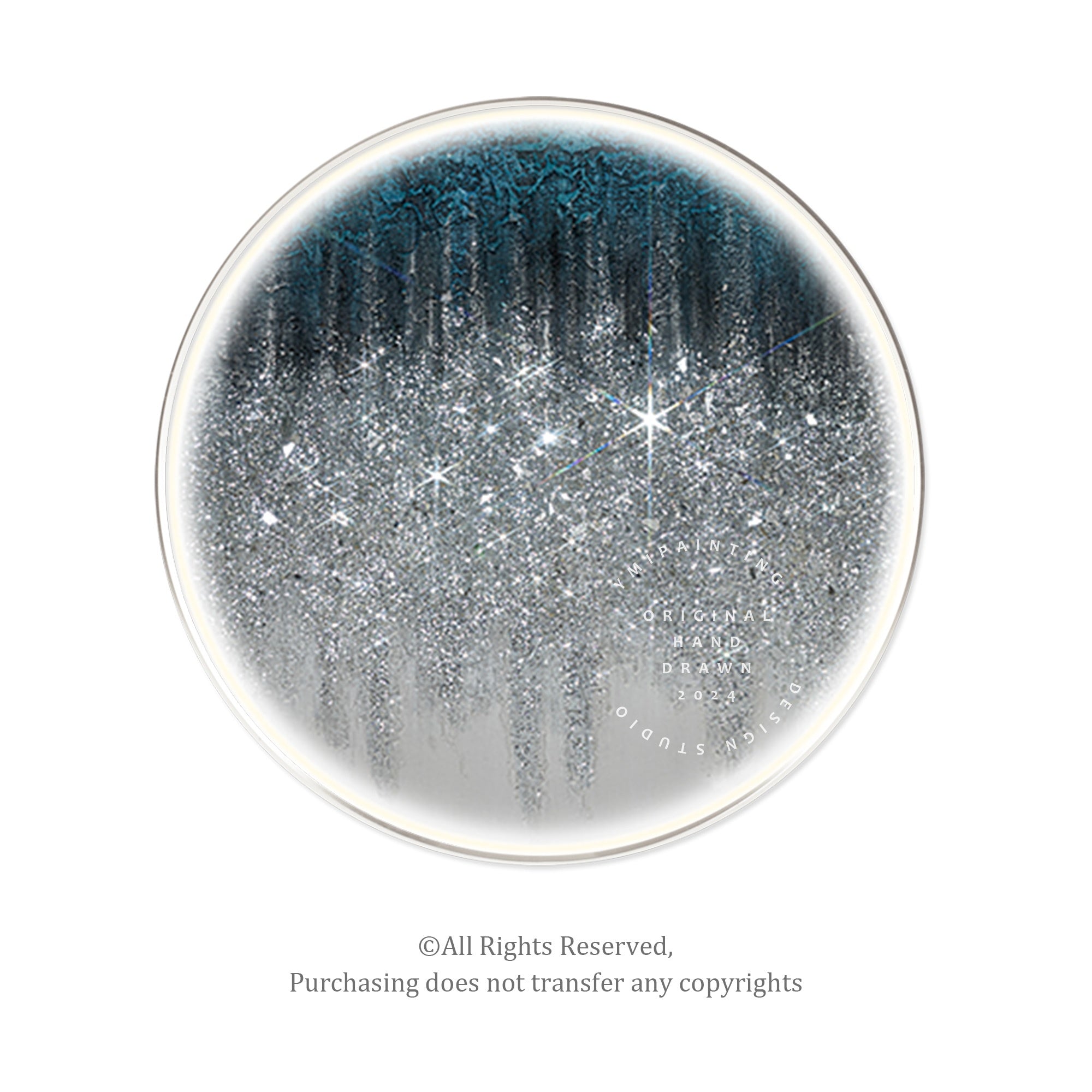 Cold LED round wall art with glitter and crushed glass, perfect for bedrooms, dining rooms, or hallways.