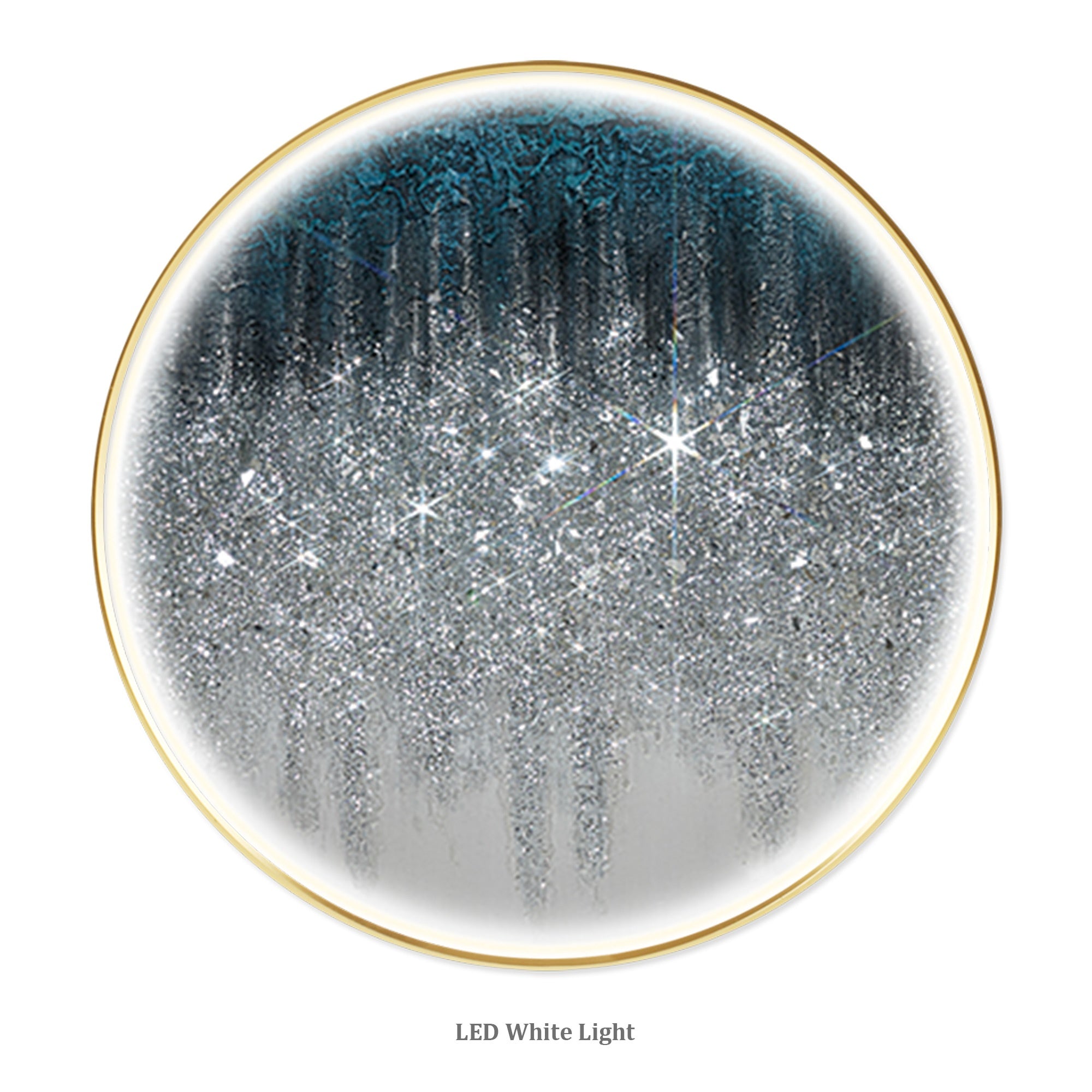 Round silver LED wall art with cold LED lighting, glitter, and crushed glass, perfect for modern living rooms.