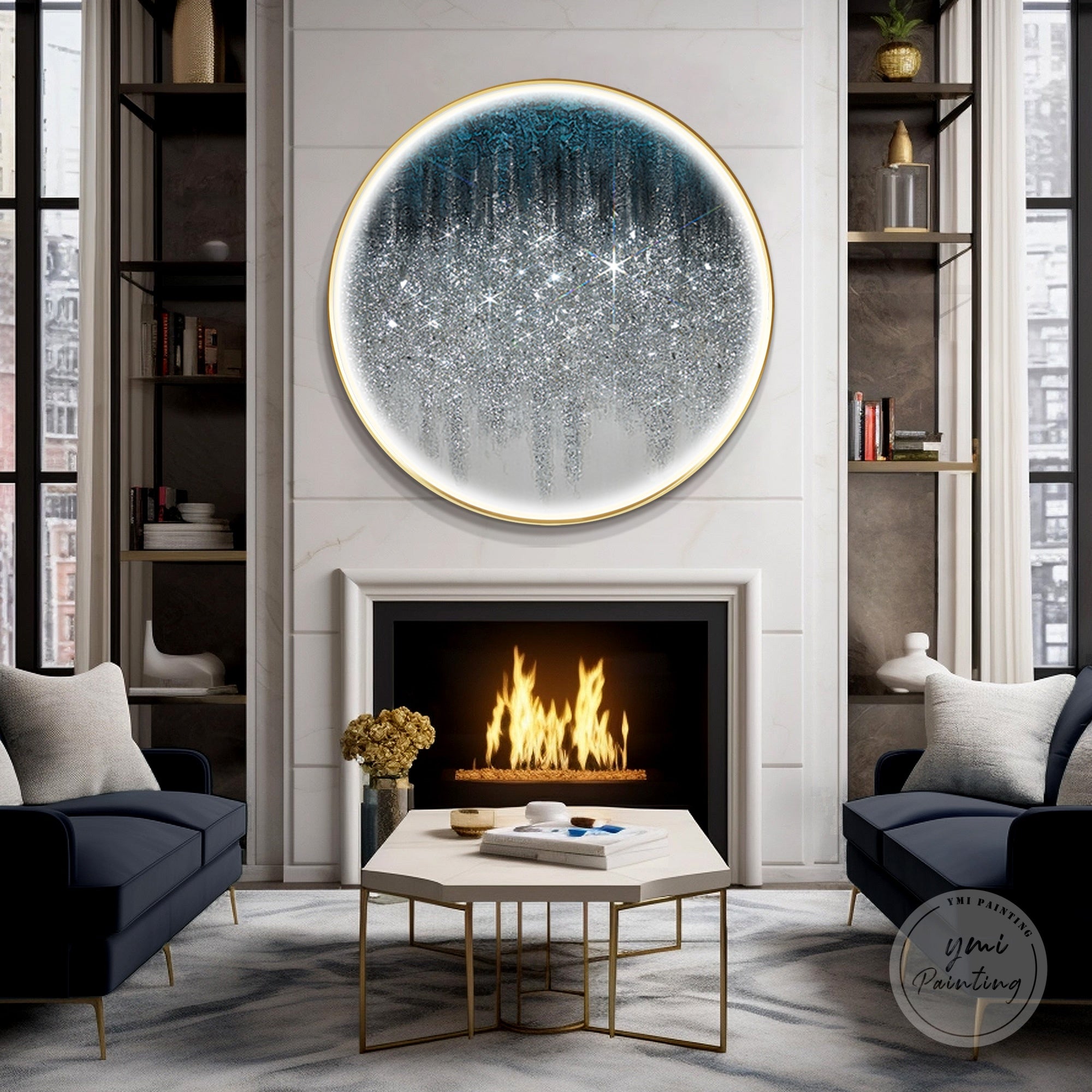 Contemporary round LED wall art with cold light, glitter, and crushed glass, enhancing modern apartments or condos.