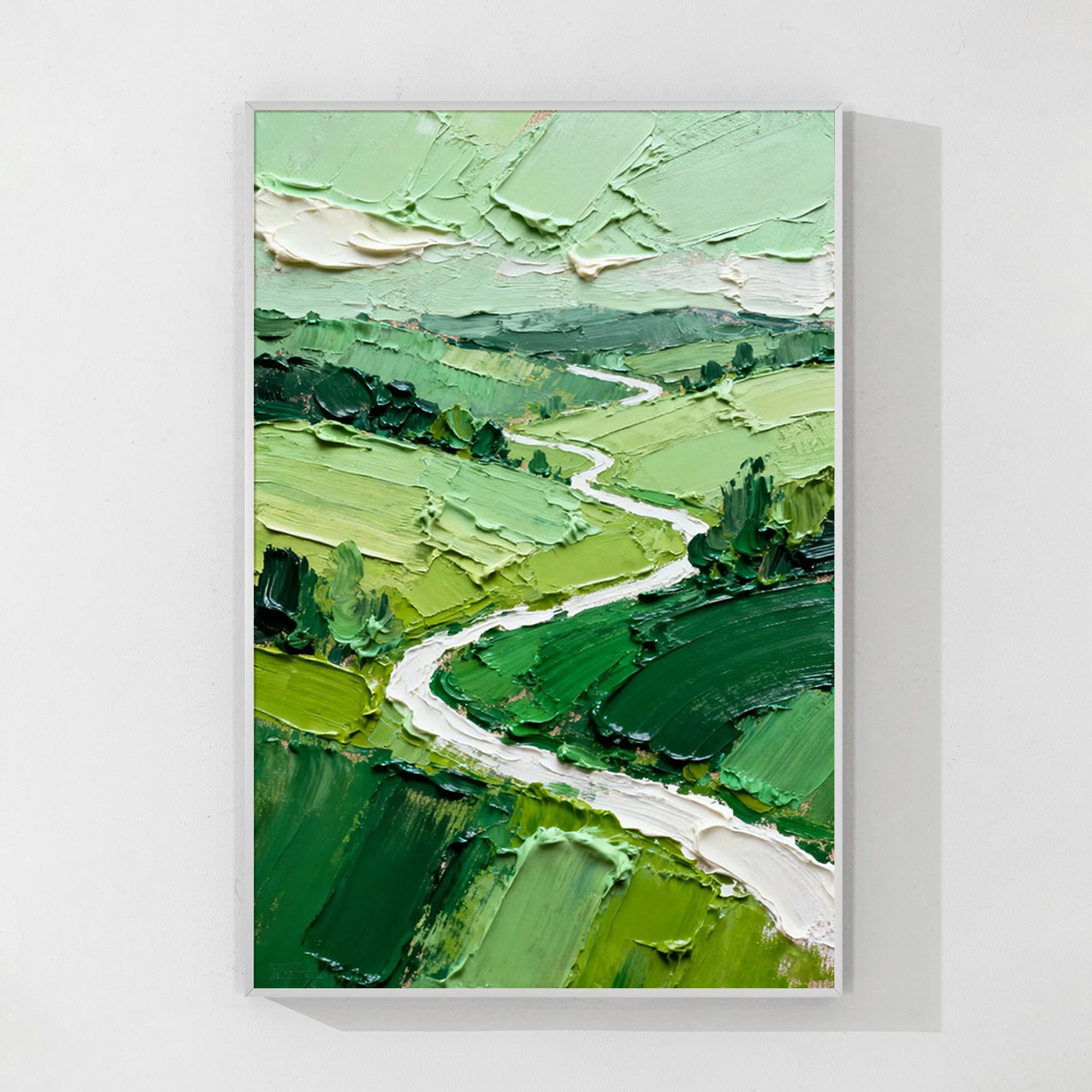 Hand-painted panoramic hillside oil painting with S-curve white path