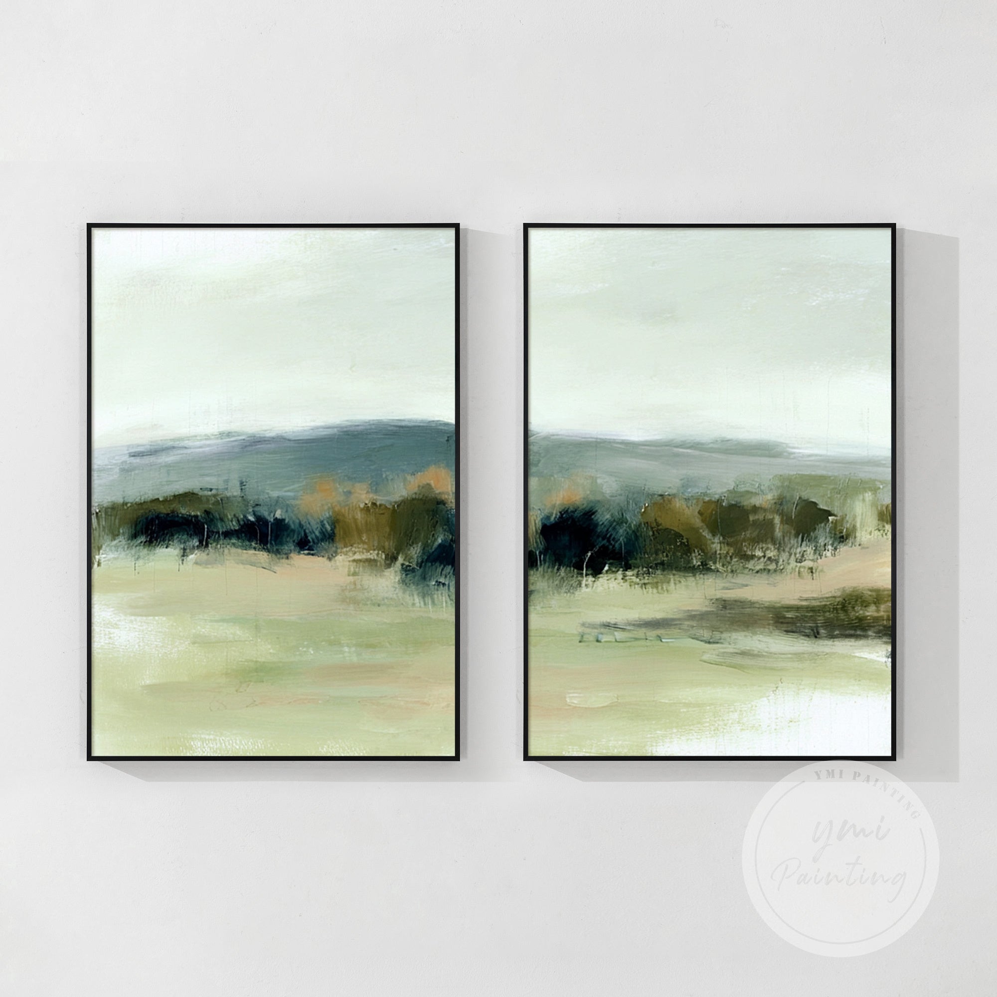 minimal green blue abstract painting set in bedroom interior