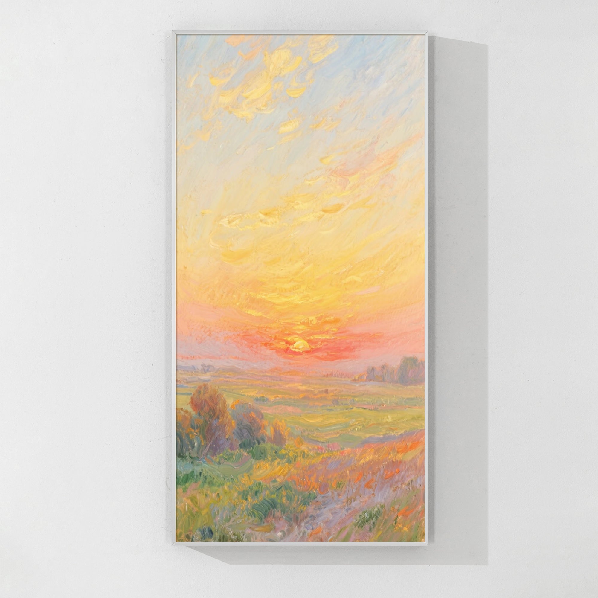 Impressionist landscape painting with a warm orange-yellow sky over soft fields, capturing the essence of dusk.