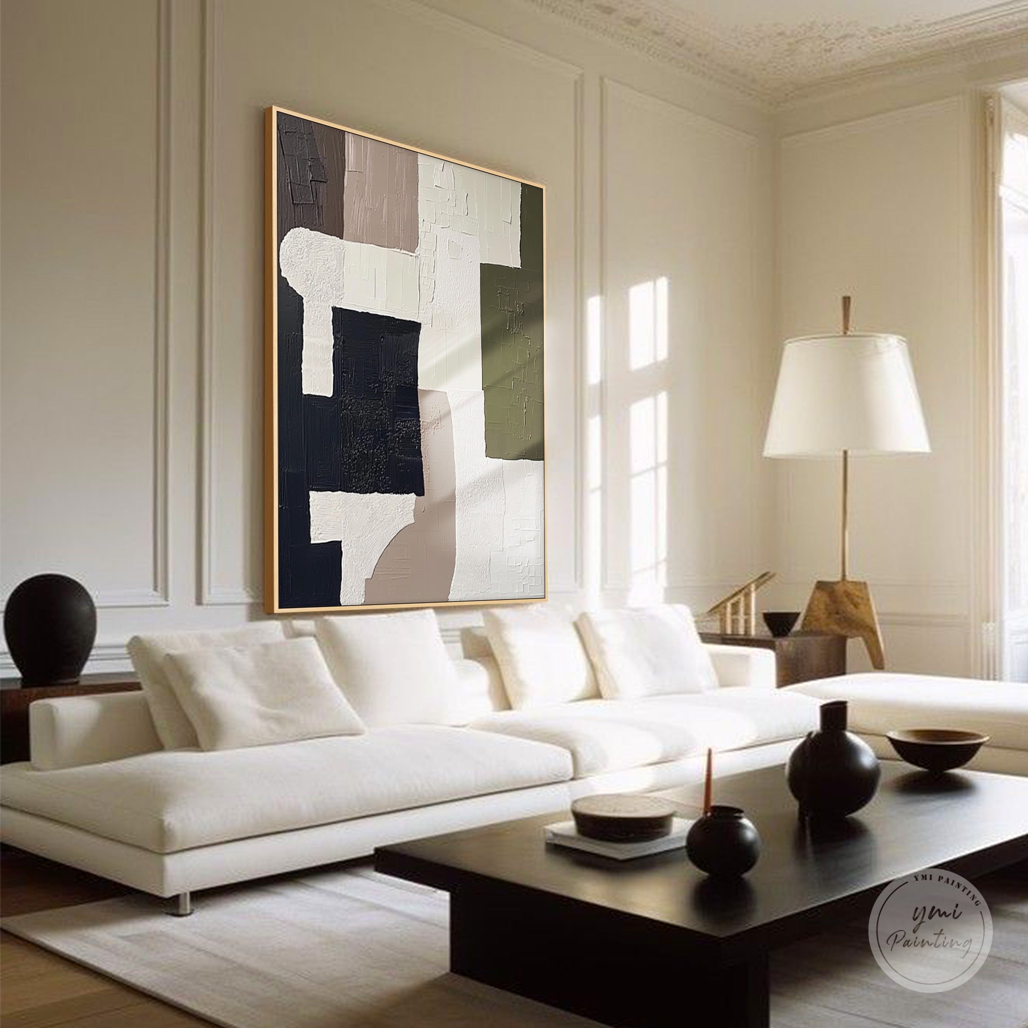 Large abstract canvas painting styled above a living room seating area