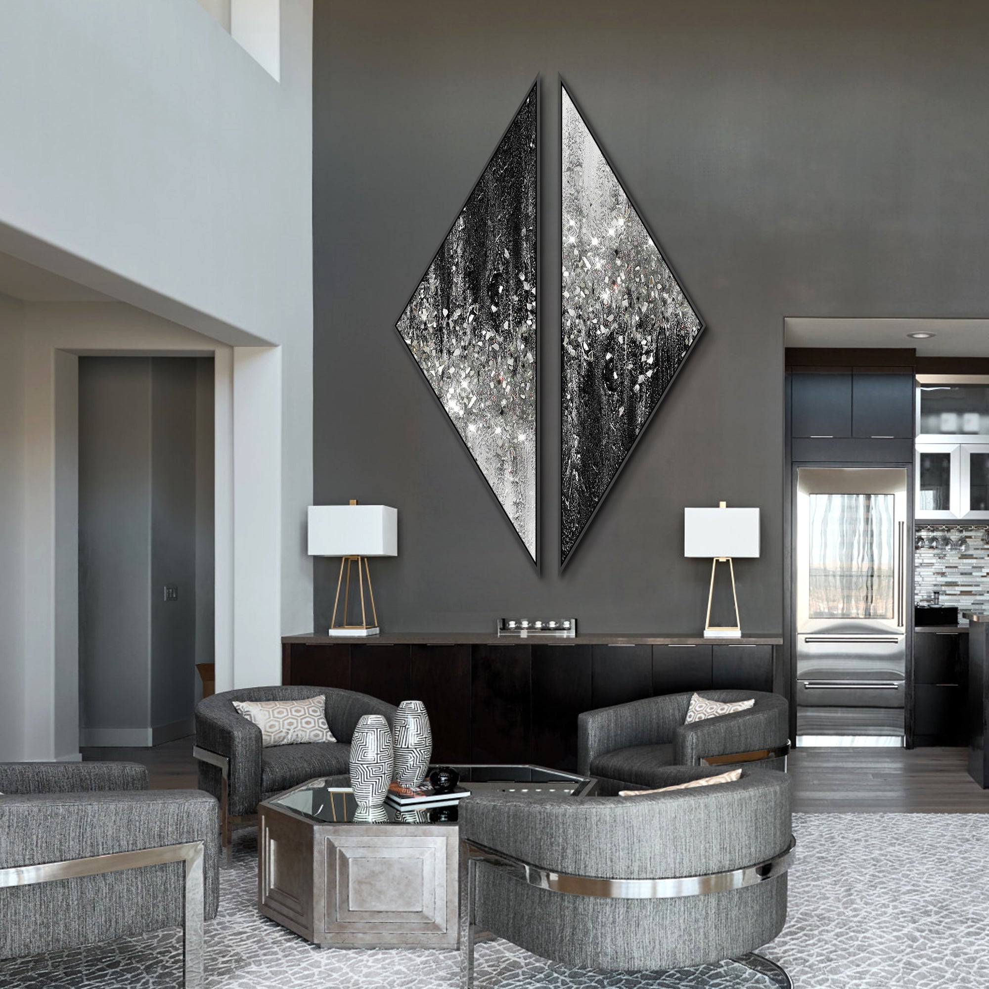 Large abstract canvas set with triangular shapes and glass glitter forming a soft visual transition