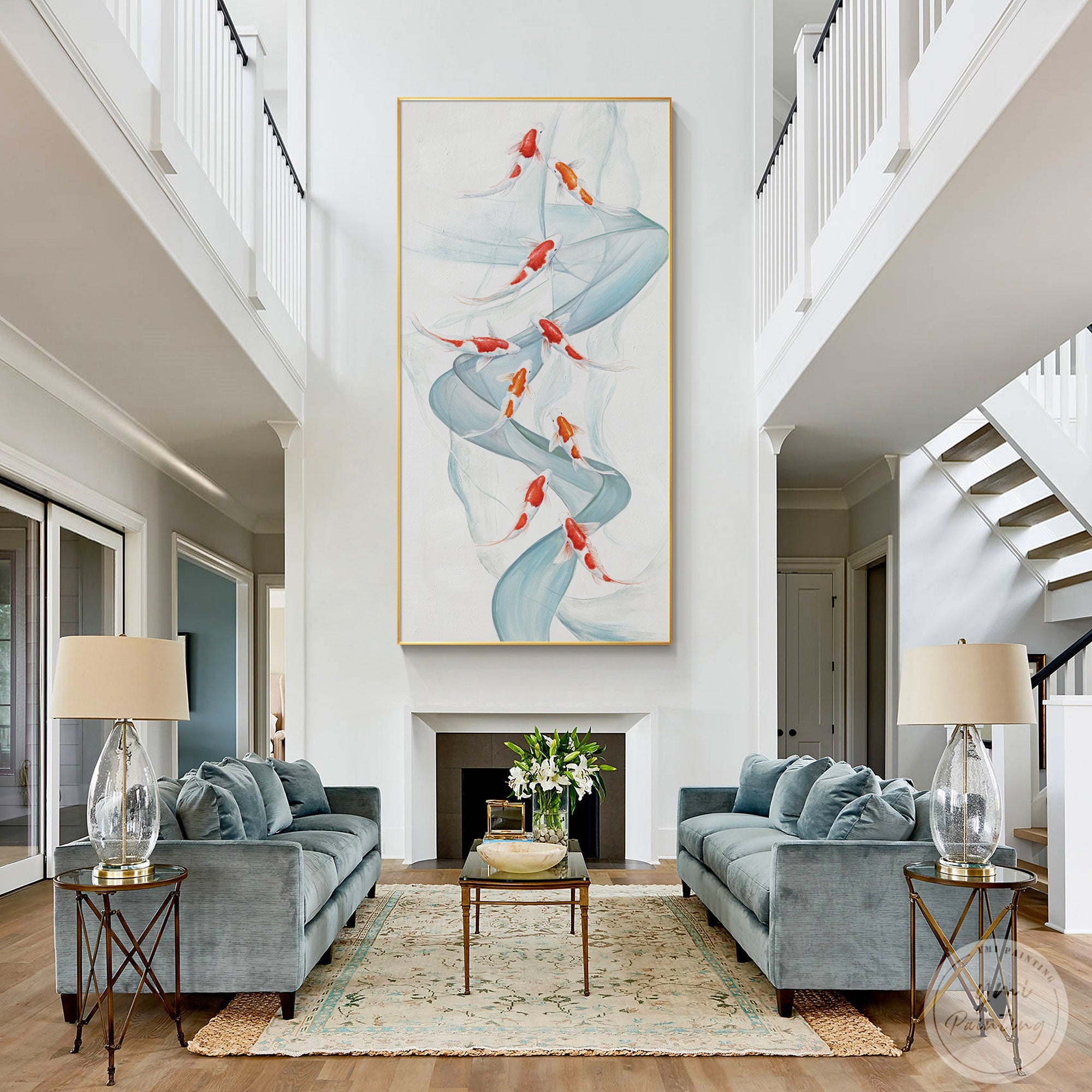 Original 9 koi fish feng shui wall art featuring blue ribbon water design in a modern interior space.