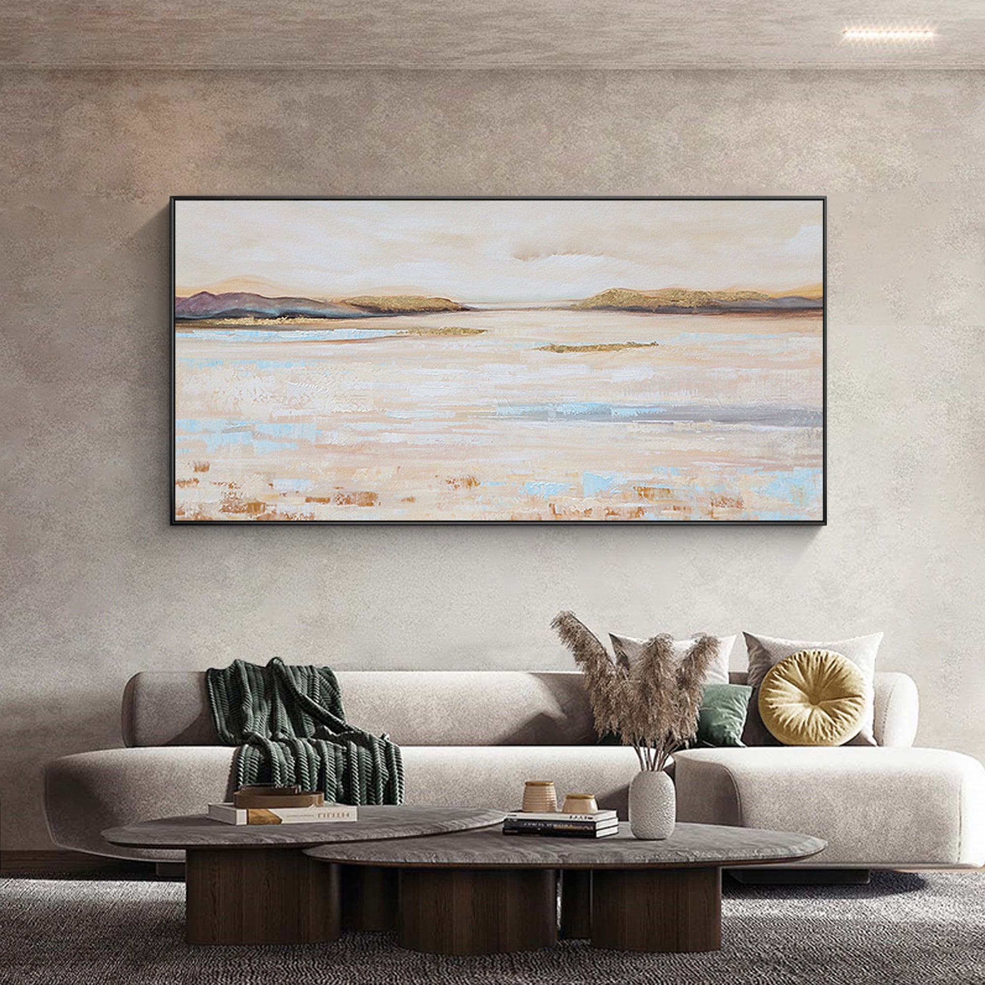 Hand-Painted Tranquil Beige and Blue Abstract Art