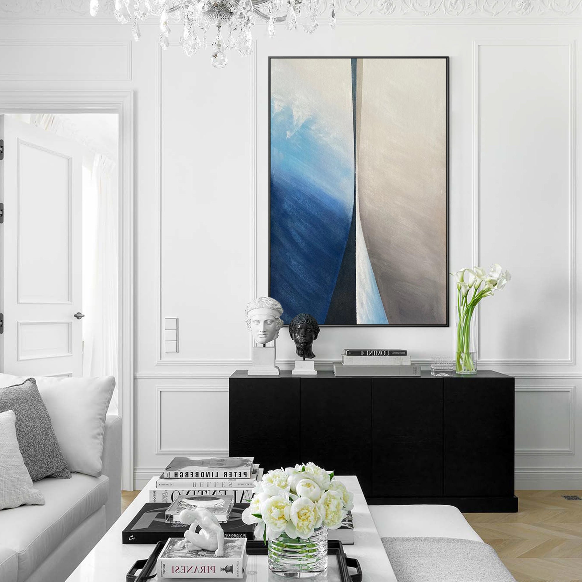 Ymipainting Blue and Beige Hand-Painted Art for Neutral Home Decor