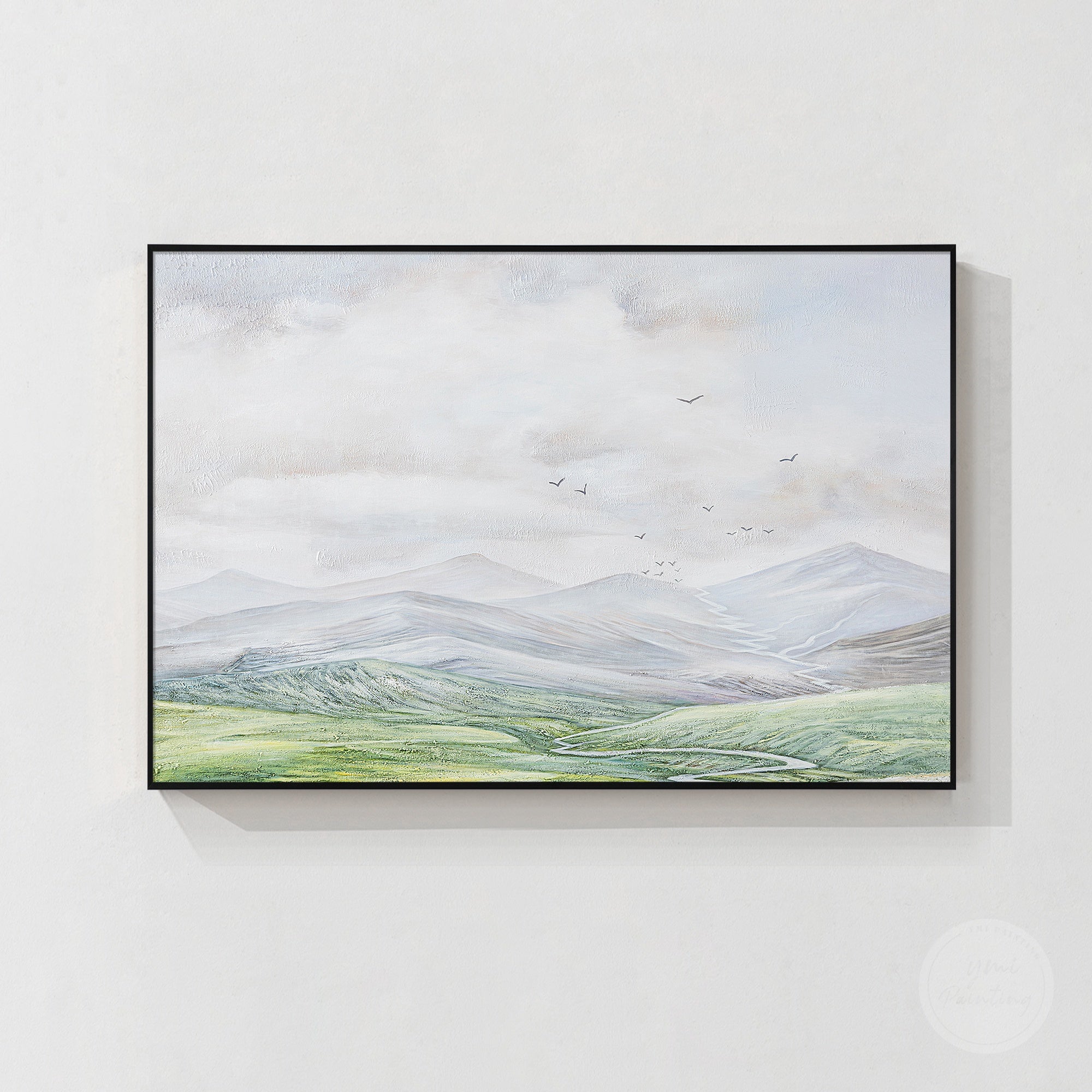 Large mountain wall art painting with majestic landscape design and modern nature inspired home decor