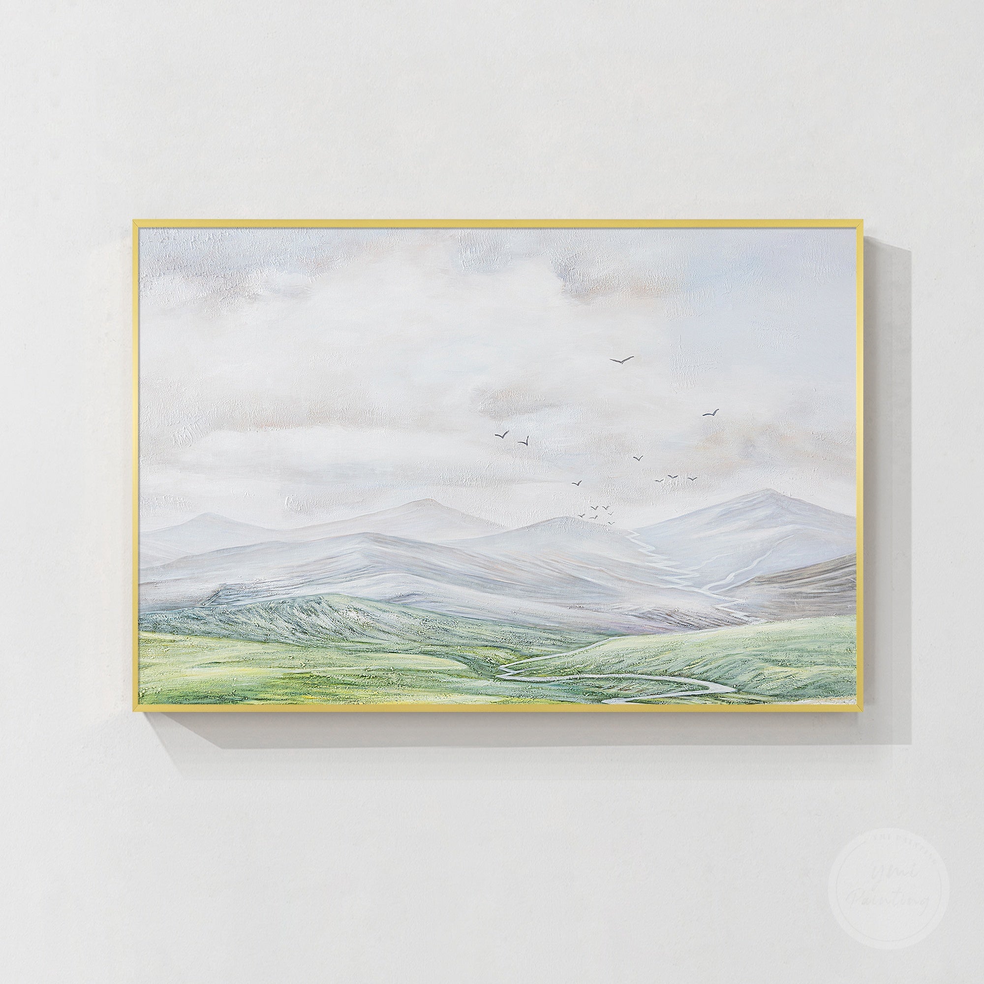 Oversized mountain canvas painting with realistic landscape elements and contemporary artistic finish