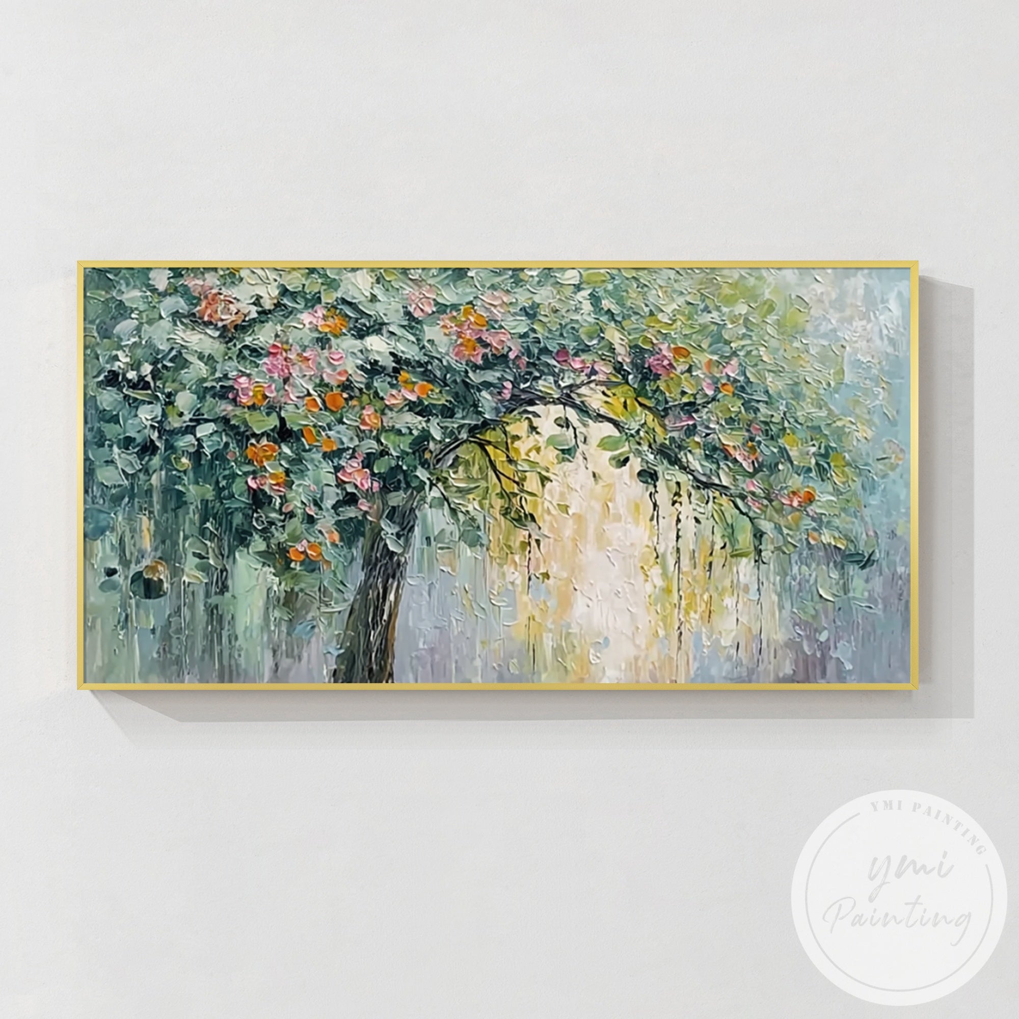 Abstract floral tree canvas art displayed above modern neutral sofa in living room