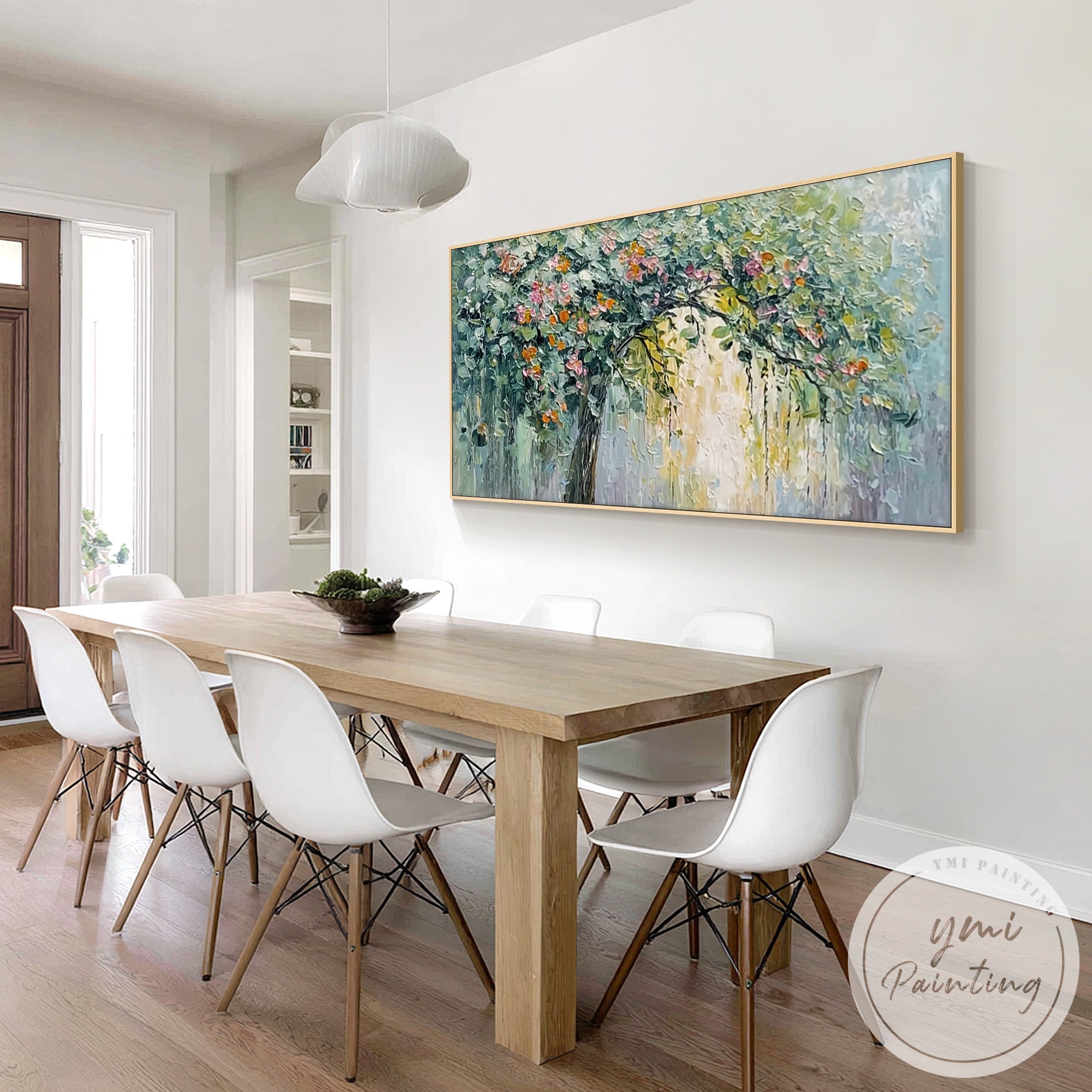 Large botanical wall painting in minimalist Scandinavian living room interior