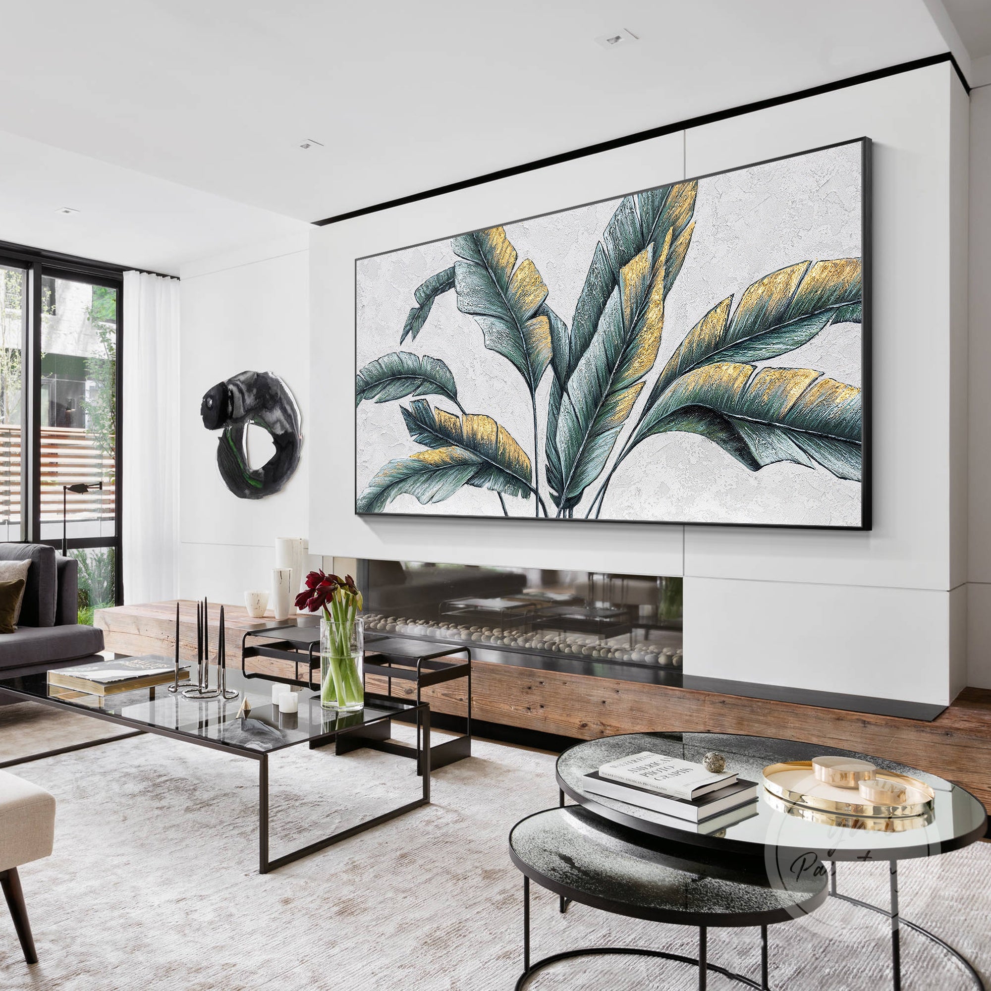 Palm tree leaf painting with bold green tones and gold leaf highlights, a luxurious addition to contemporary living spaces.