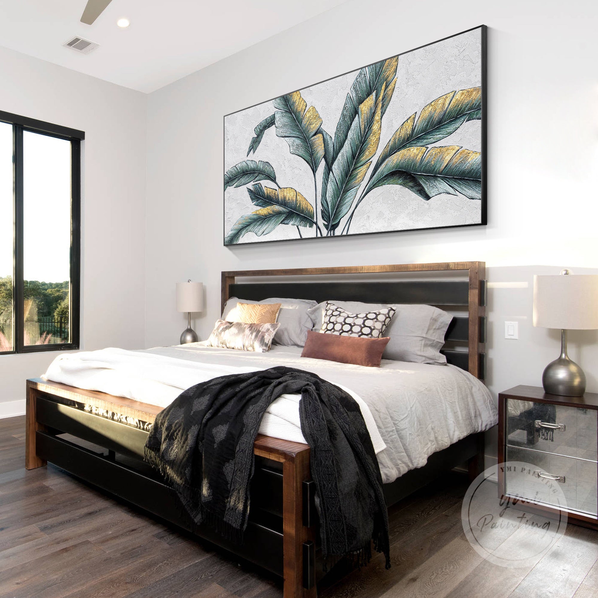 Original botanical painting of palm tree leaves with intricate textures, gold leaf embellishments, and vibrant green hues, framed for display.