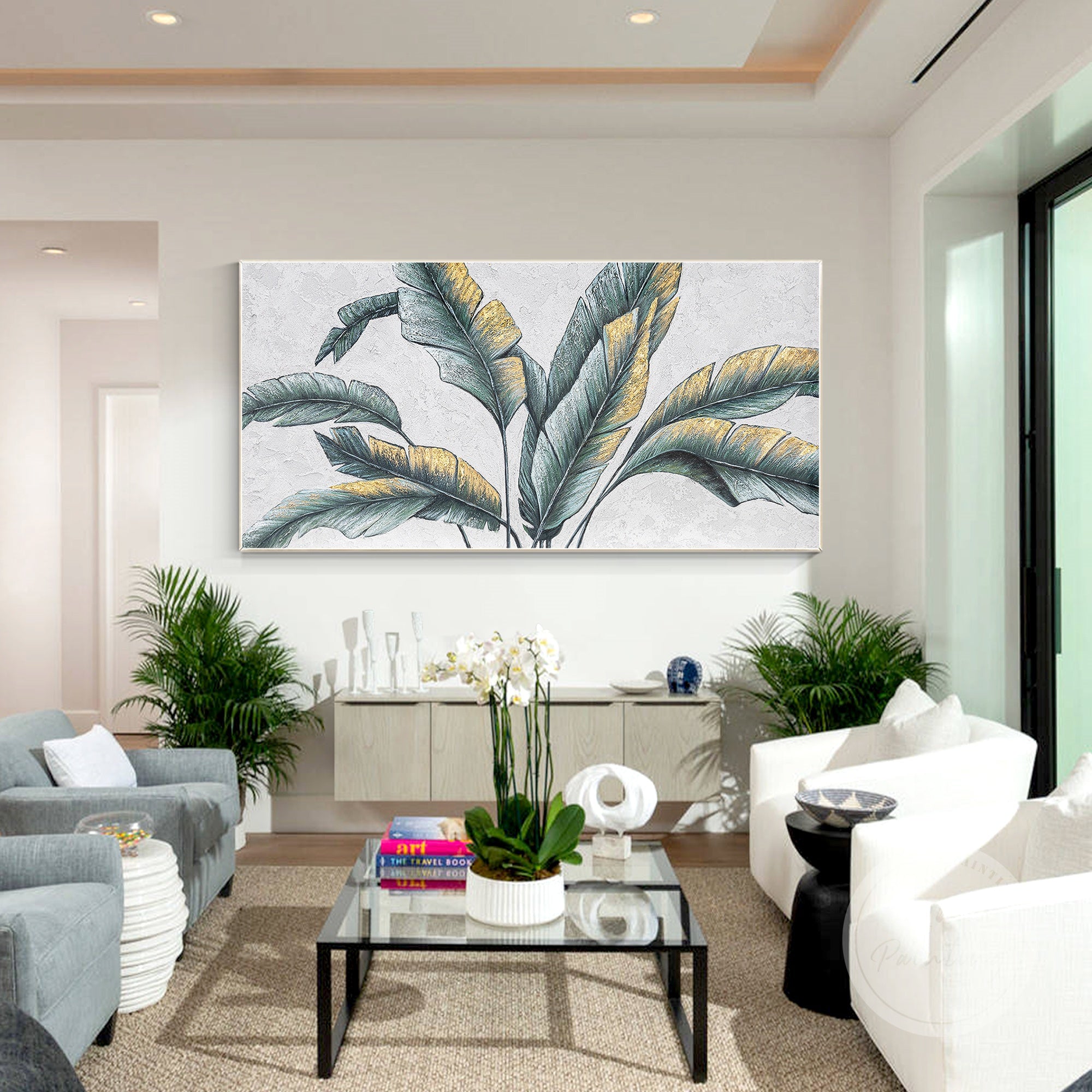 Green banana leaves acrylic painting with gold leaf accents, perfect for creating an elegant tropical atmosphere in your home.
