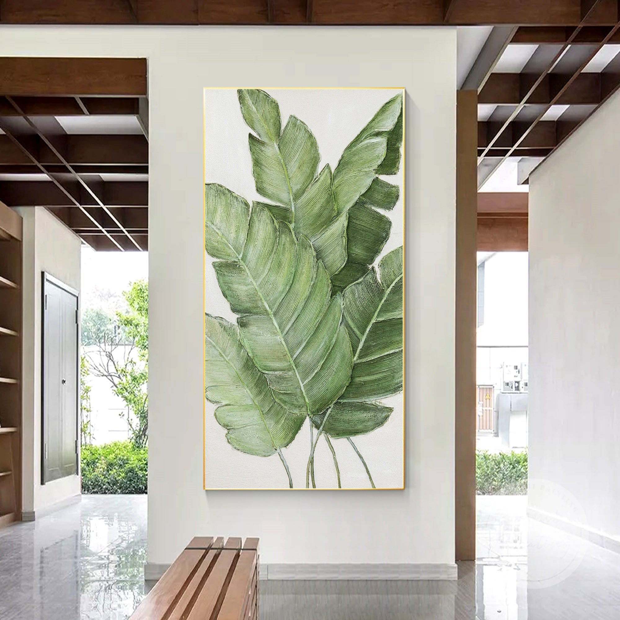 Large green tropical leaf painting on canvas with rich texture and botanical shapes.