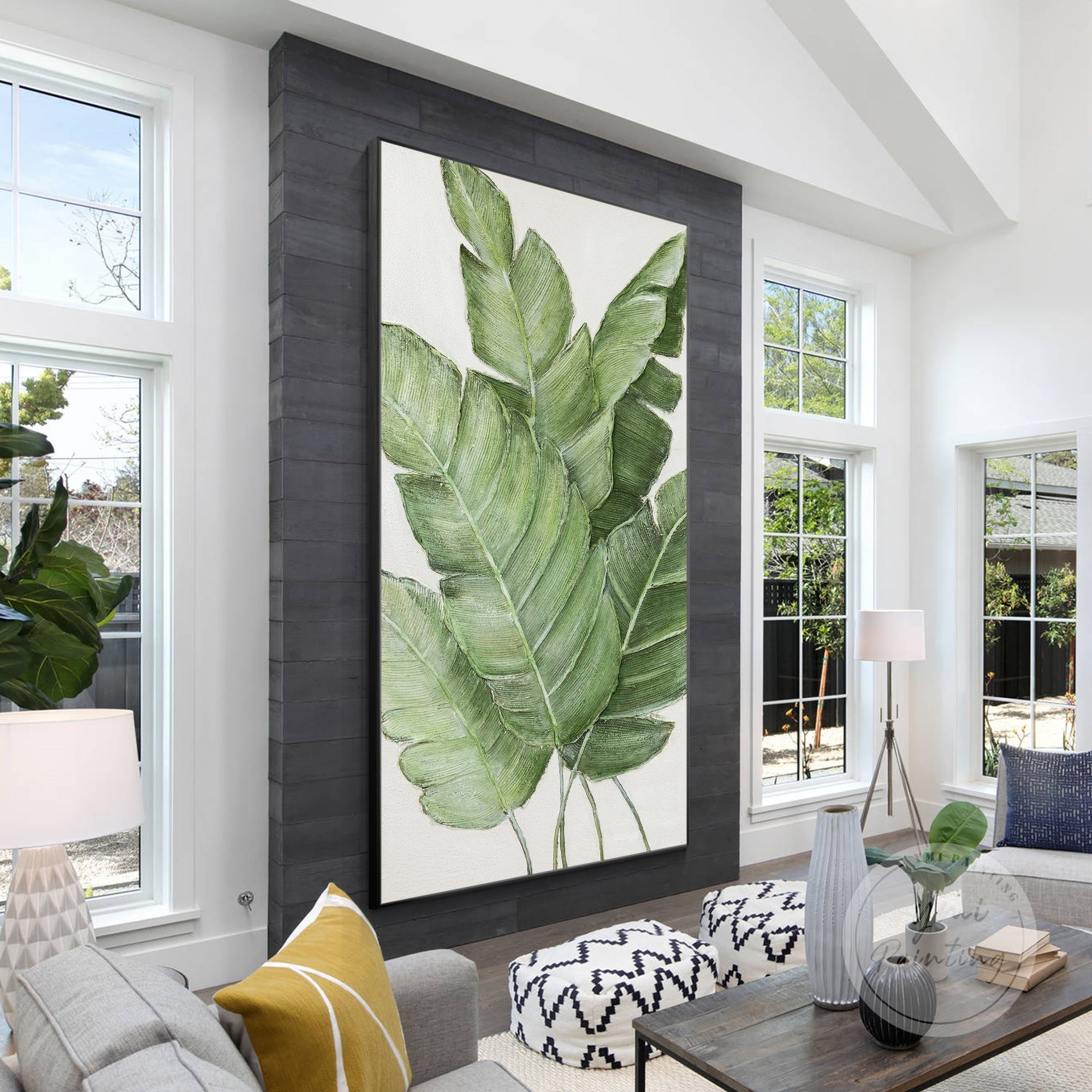Hand-painted tropical leaf canvas with sculptural surface and nature-inspired flow.