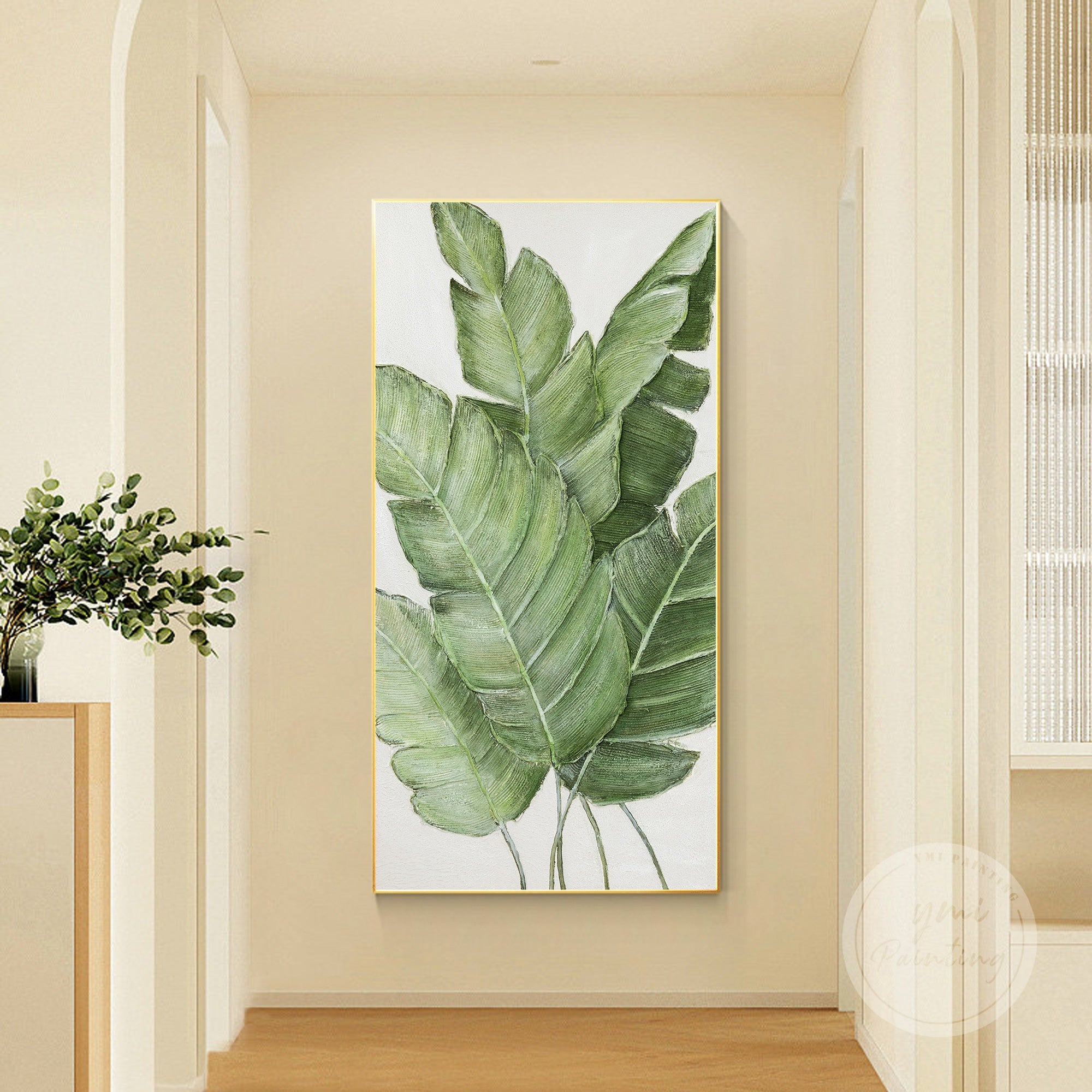 Abstract tropical plant painting in lush green, perfect for jungle-themed interiors.