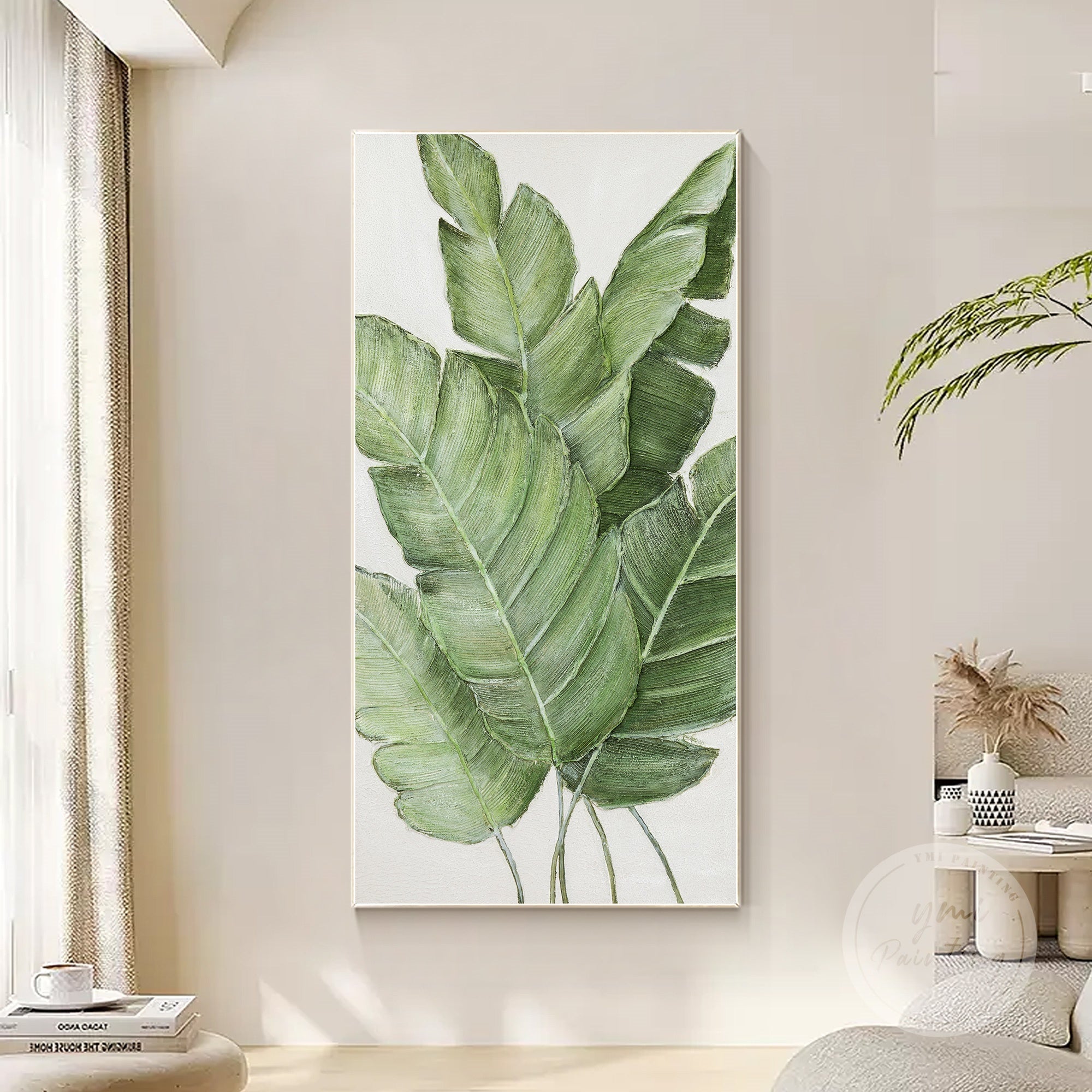 3D botanical leaf painting with rich texture and earthy green color palette.