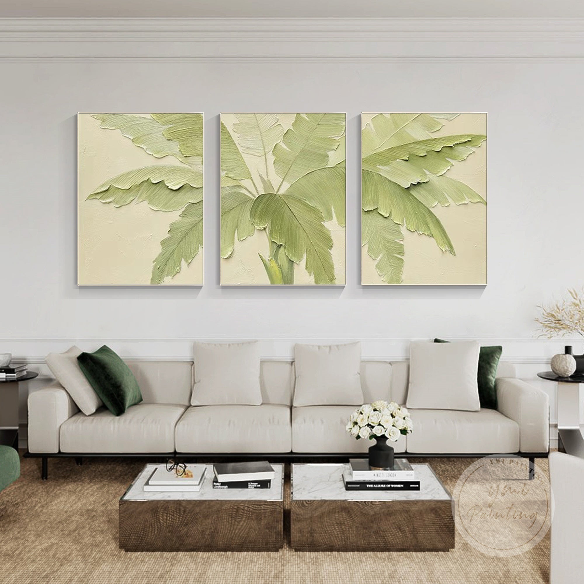 Textured tropical triptych with large green leaves, perfect for creating a serene living room or office atmosphere.