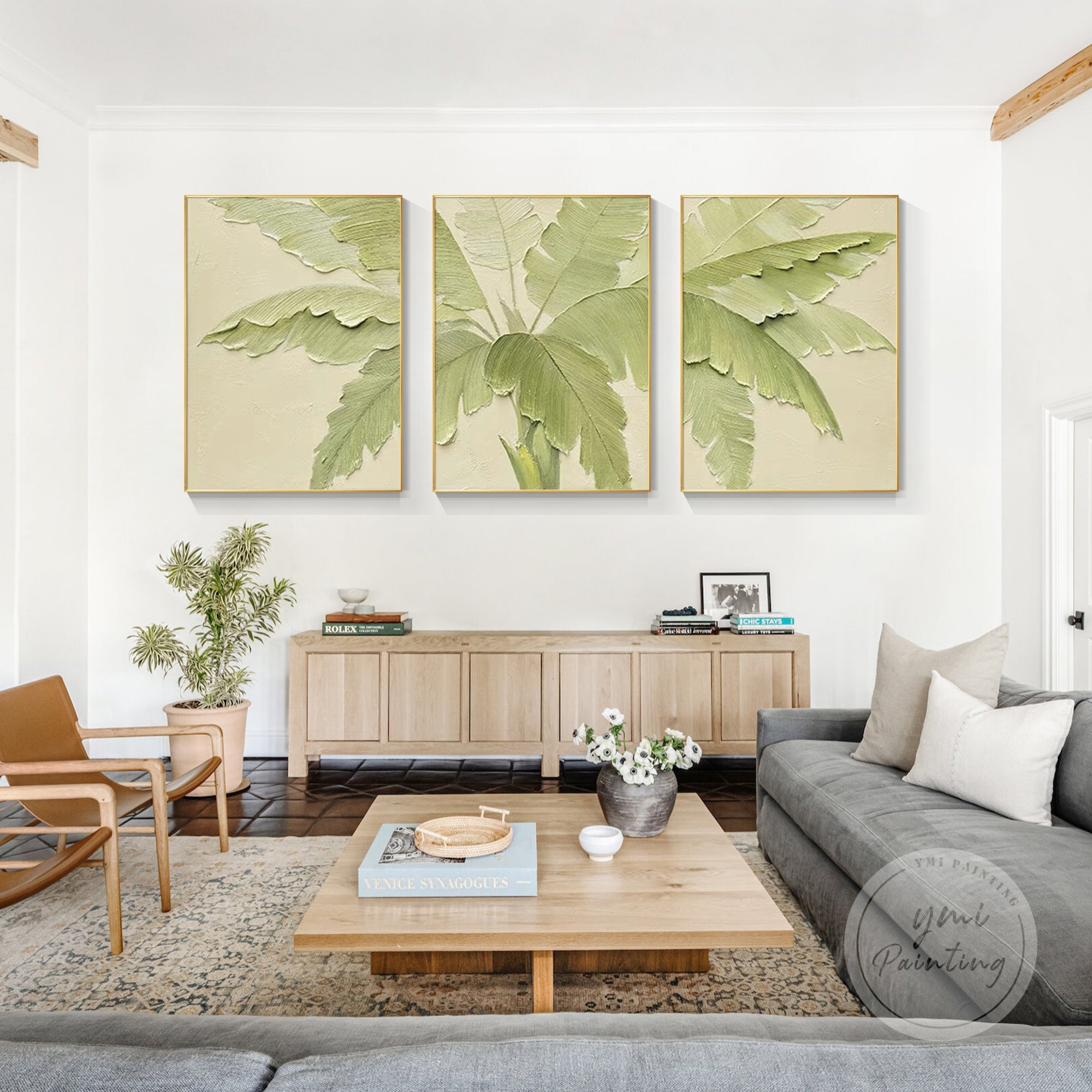 Beige and green tropical leaf painting, luxury framed art for creating a calming atmosphere in any room.