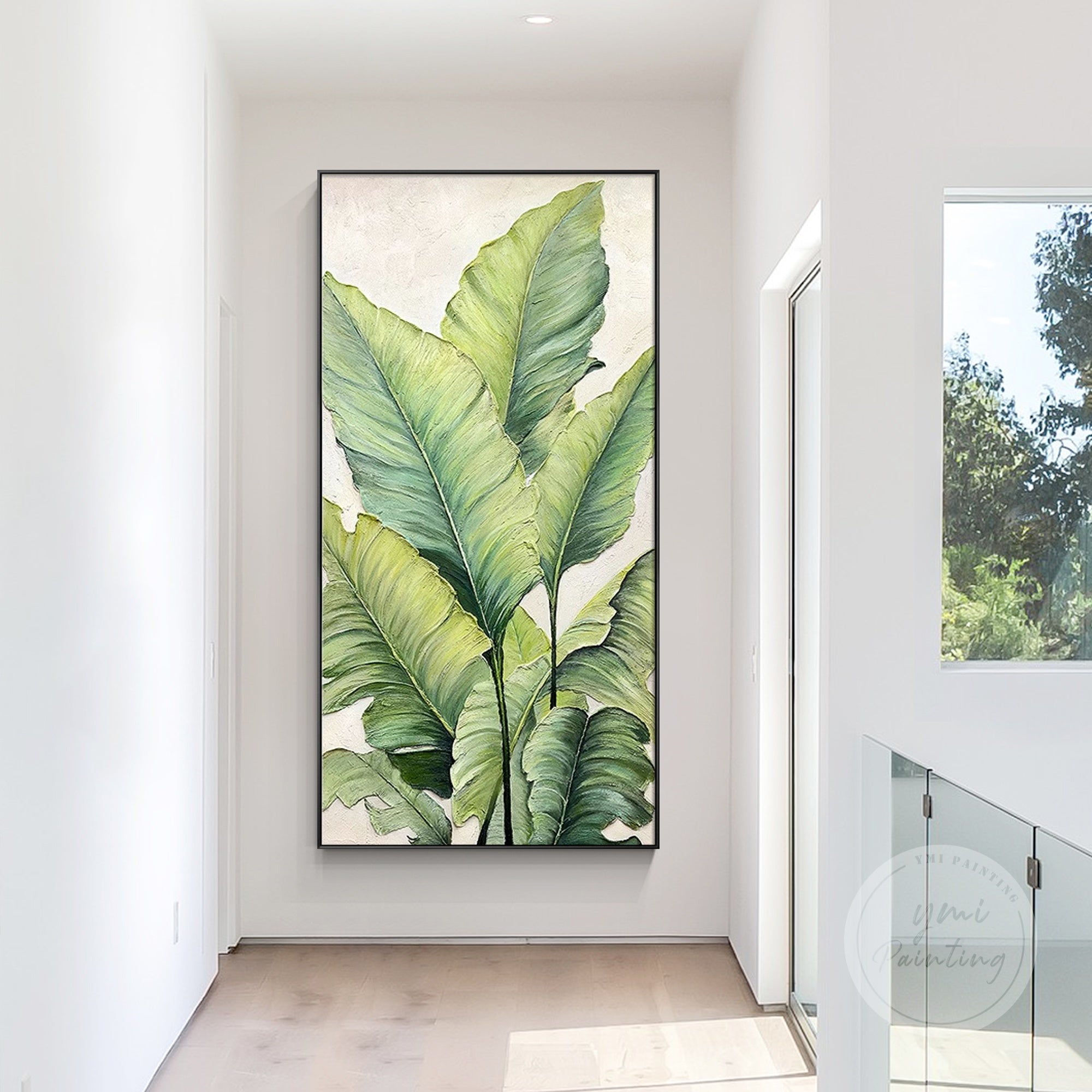 Organic banana leaf painting in beige and green tones with rich 3D texture.