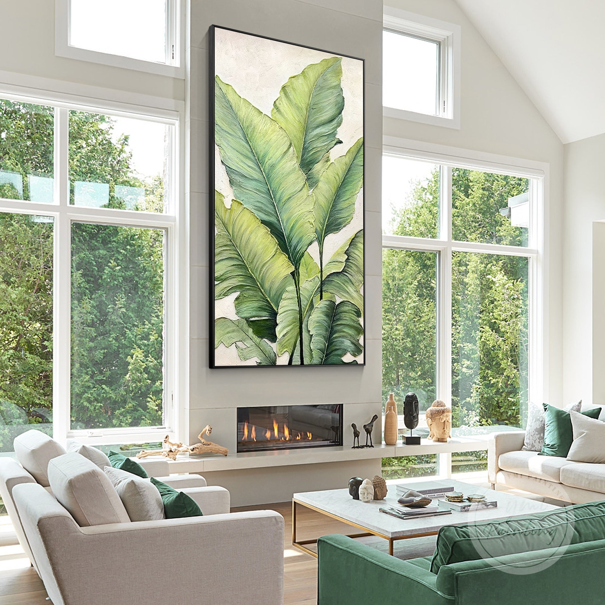 Large framed leaf canvas with soft neutral tones and abstract foliage shapes.