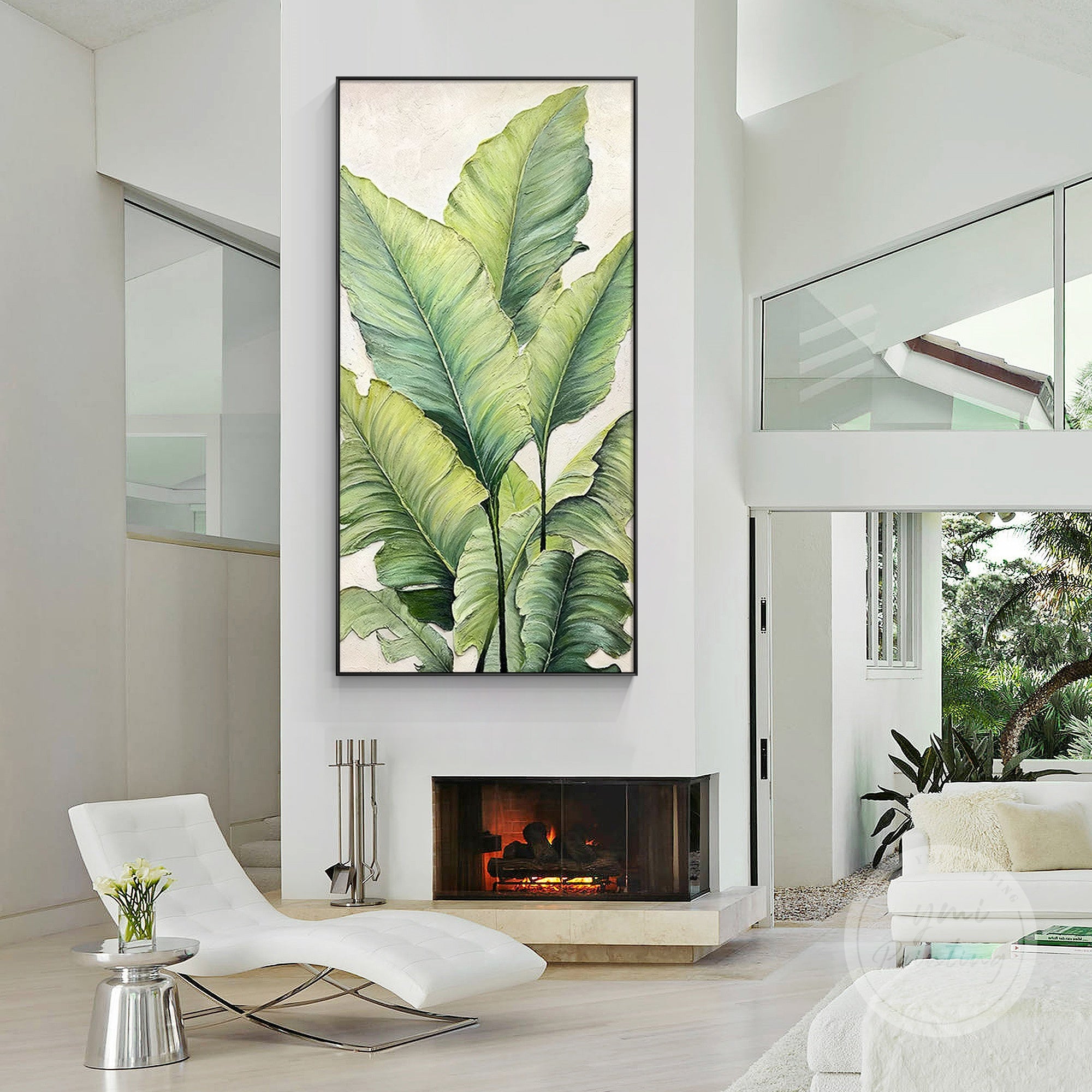 Textured botanical painting inspired by nature and tropical plant forms.