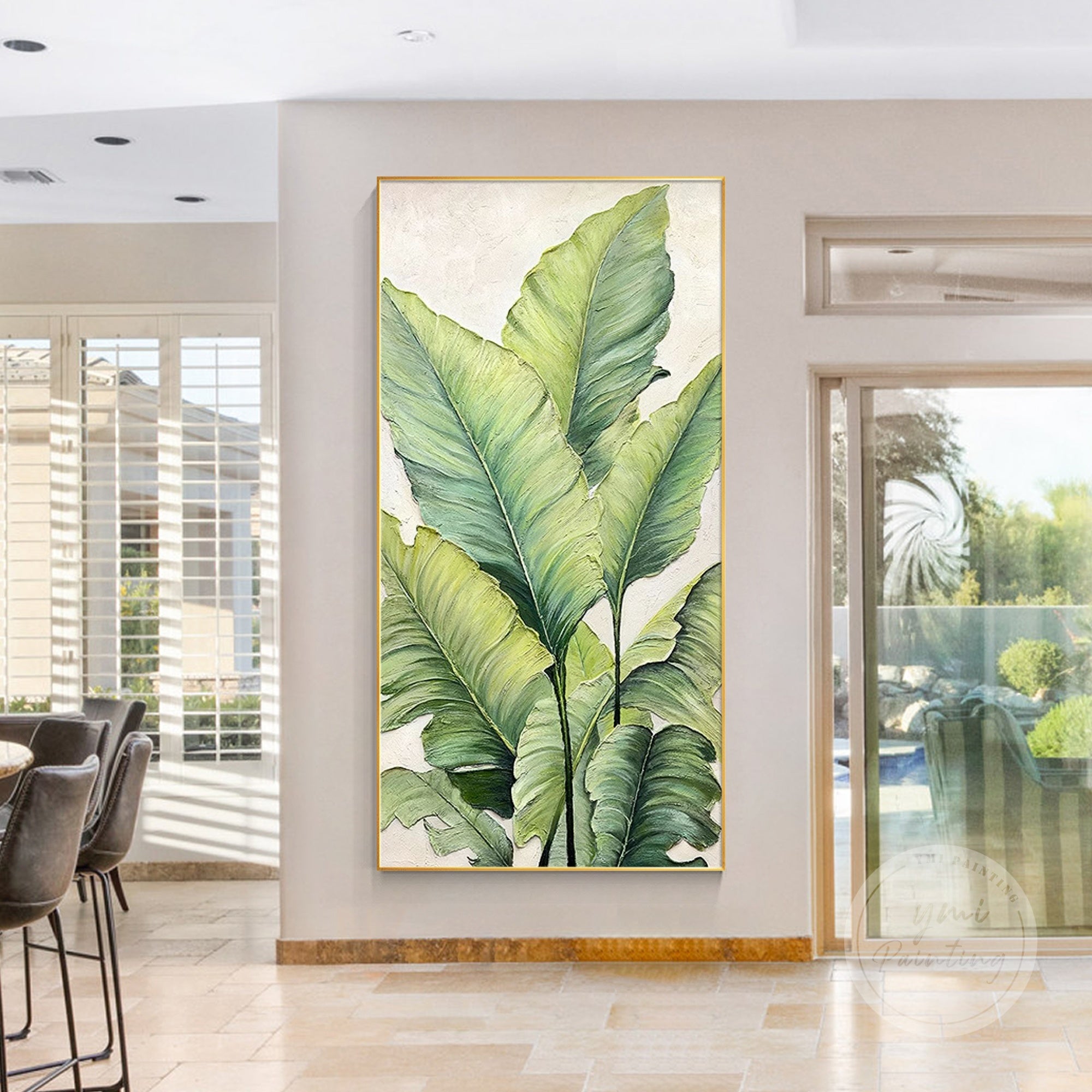Beige green leaf wall art with layered acrylic textures and organic flow.