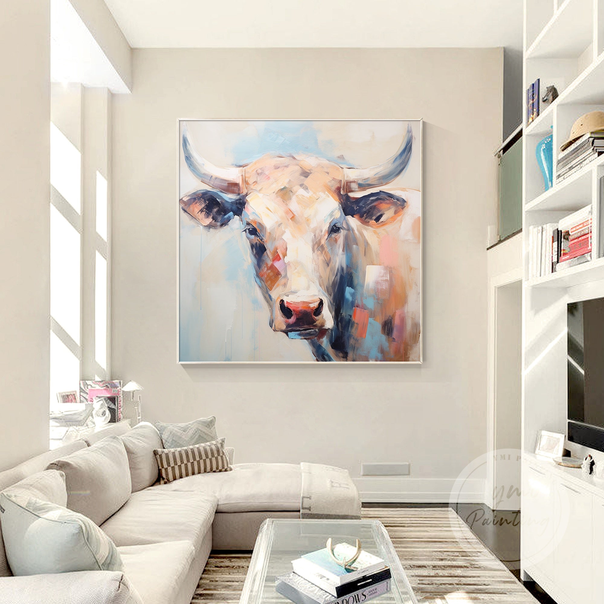 Bring sophistication to your home with this modern cow painting, perfect for warm and soft decor styles.