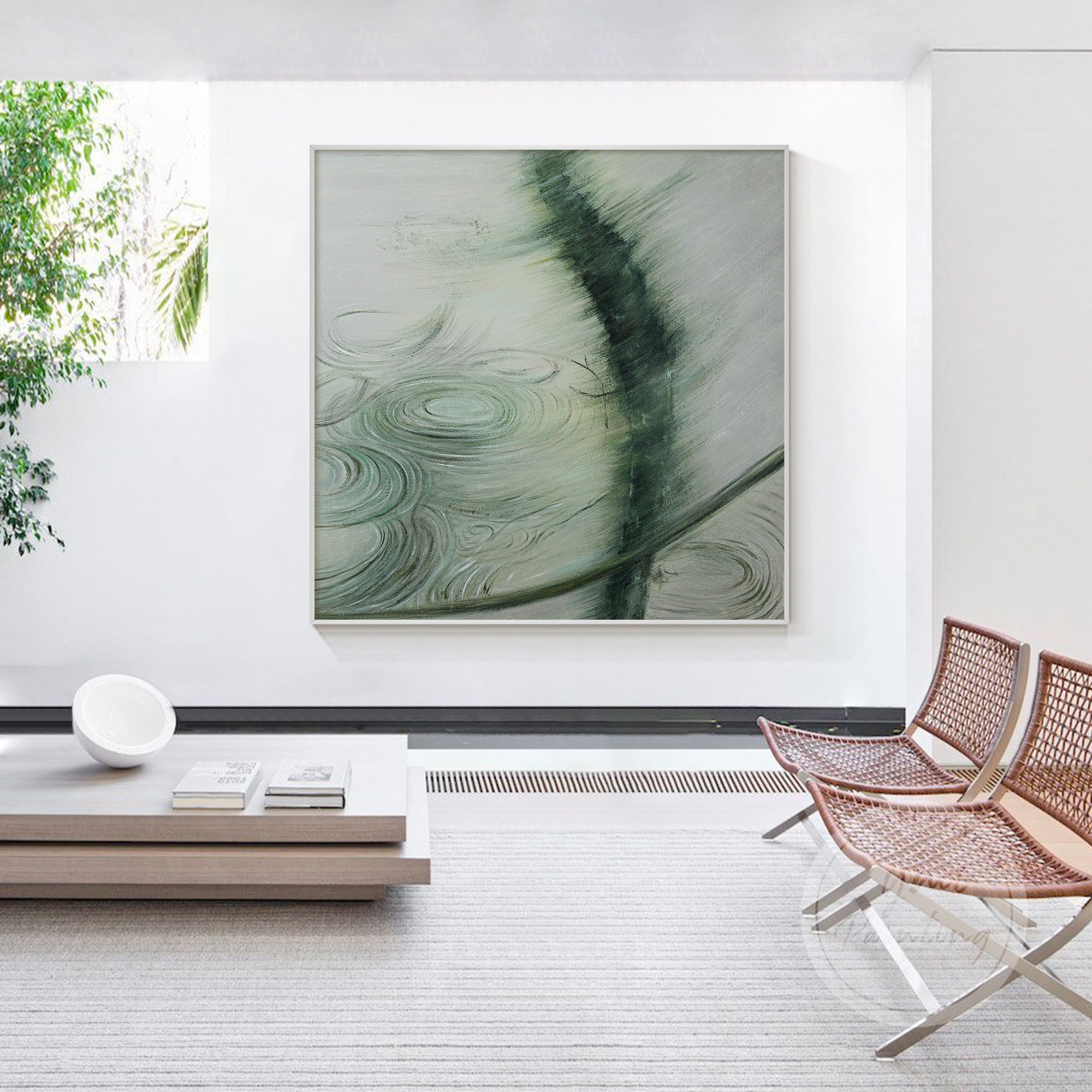 Hand-painted abstract art inspired by nature’s gentle ripples, with green and white hues creating peaceful movement