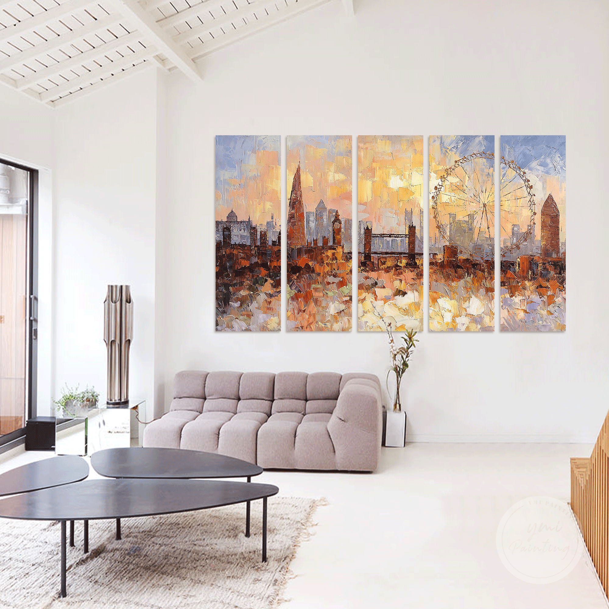 Vibrant London skyline painting on canvas, created with palette knife techniques for rich texture and movement.