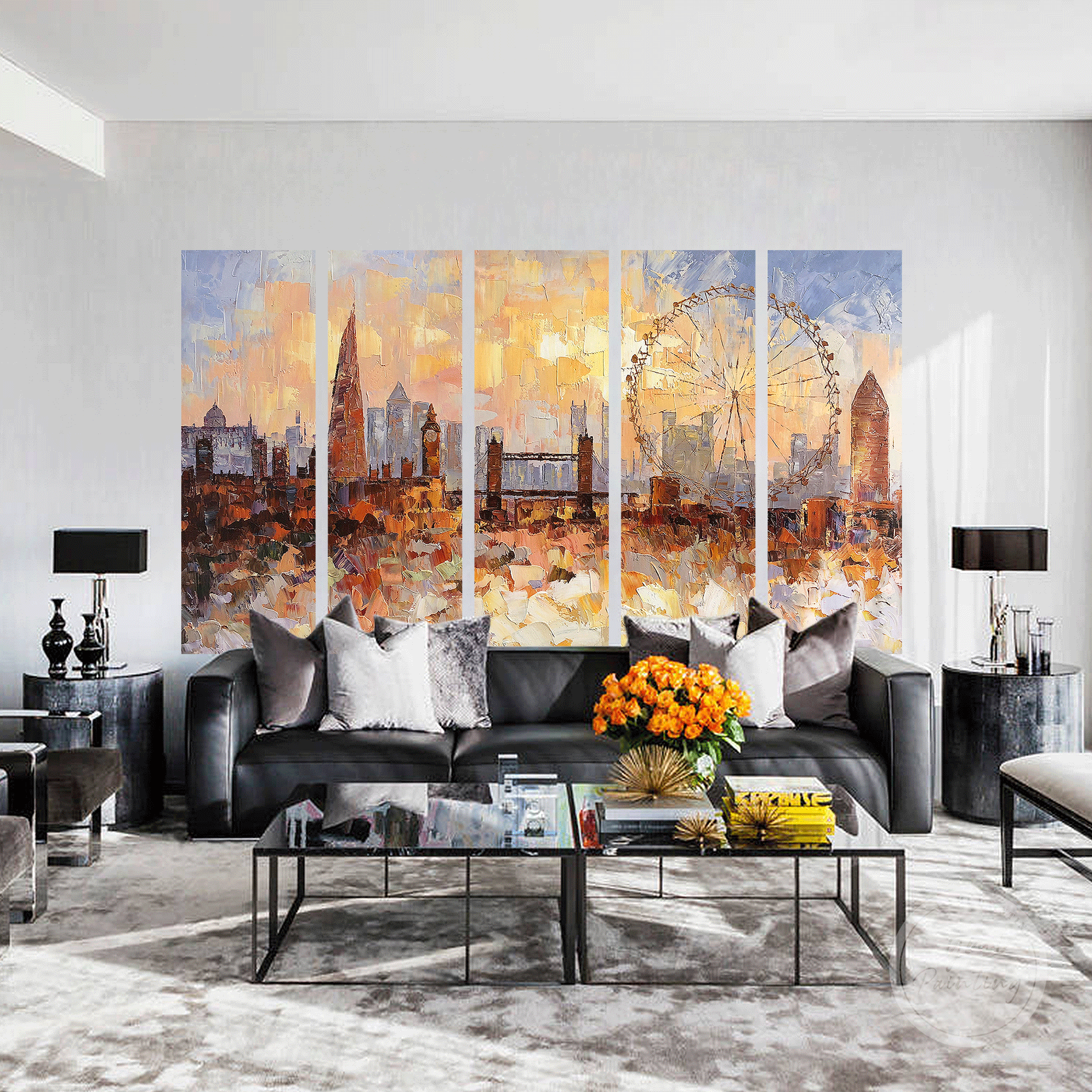 Large London cityscape artwork, hand-painted with 3D texture, perfect for urban and modern interiors.