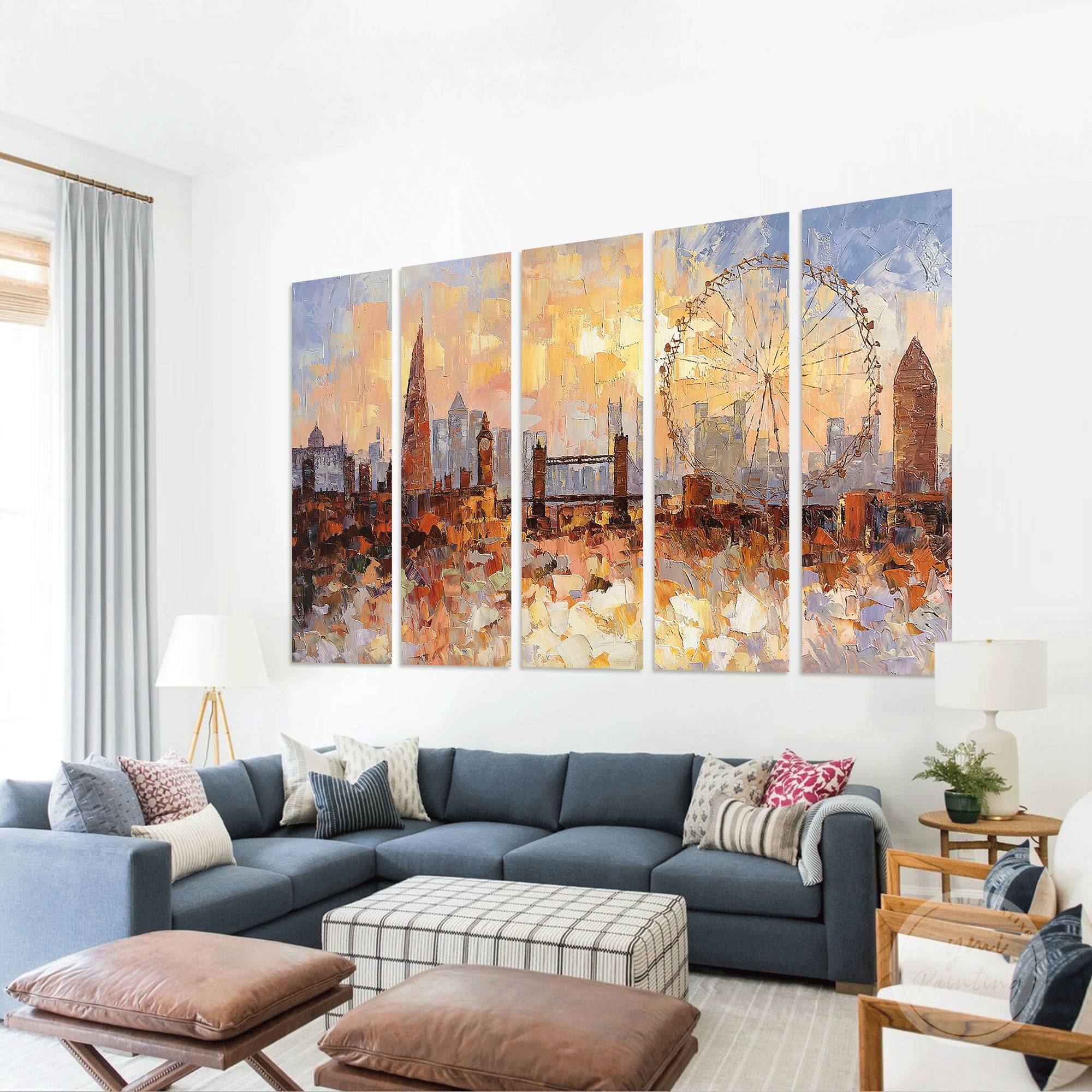 Hand-painted 3D cityscape painting of London, with vibrant colors and deep textures across 5 canvas panels.