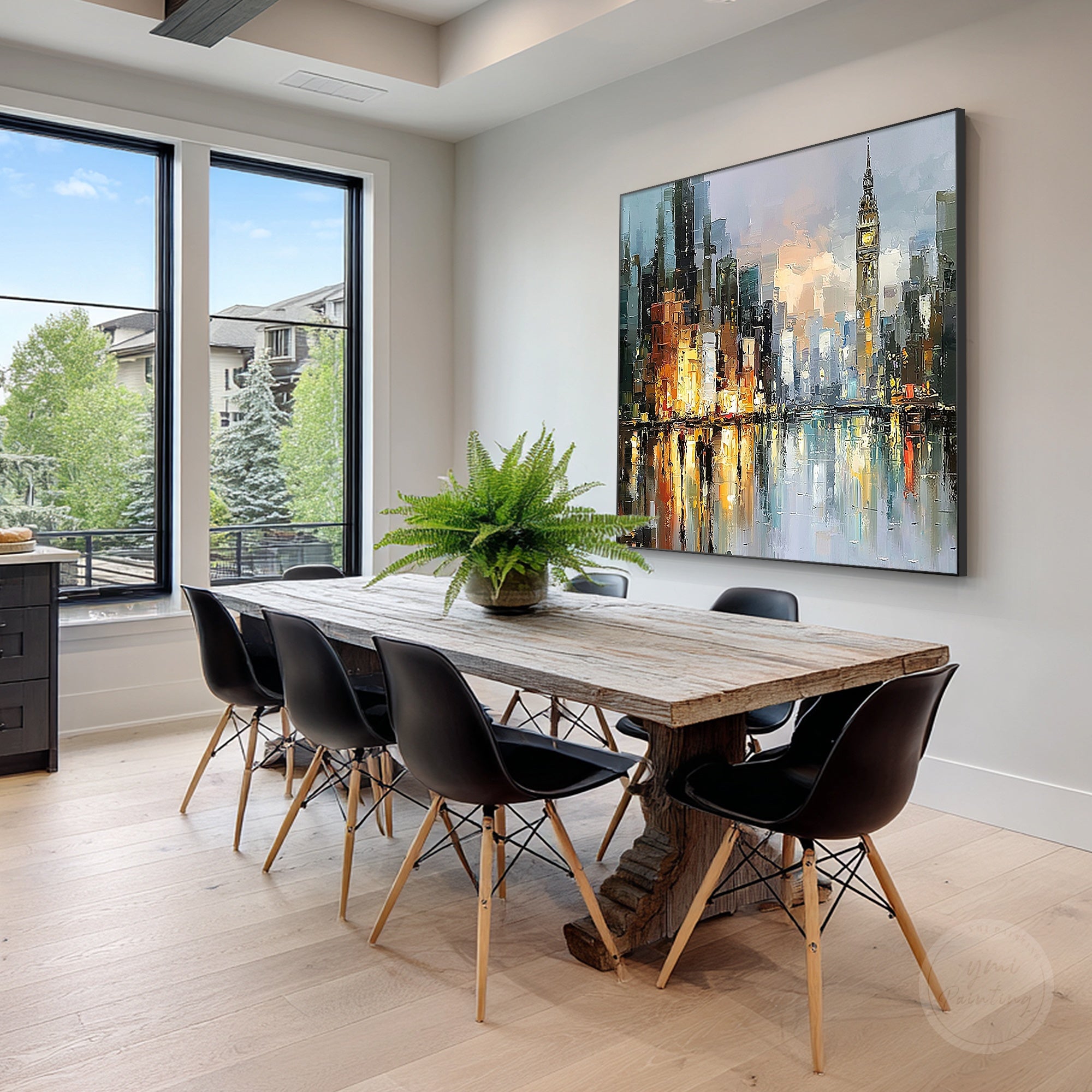 Urban London canvas artwork with architectural details and river view