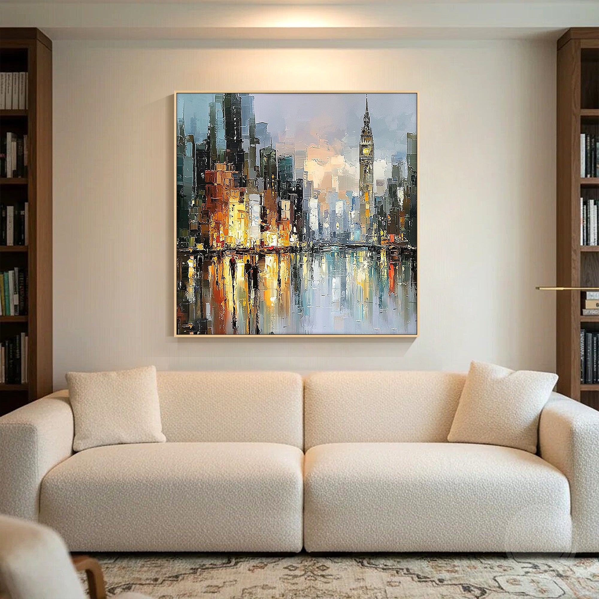 Big Ben painting with London buildings and water reflections