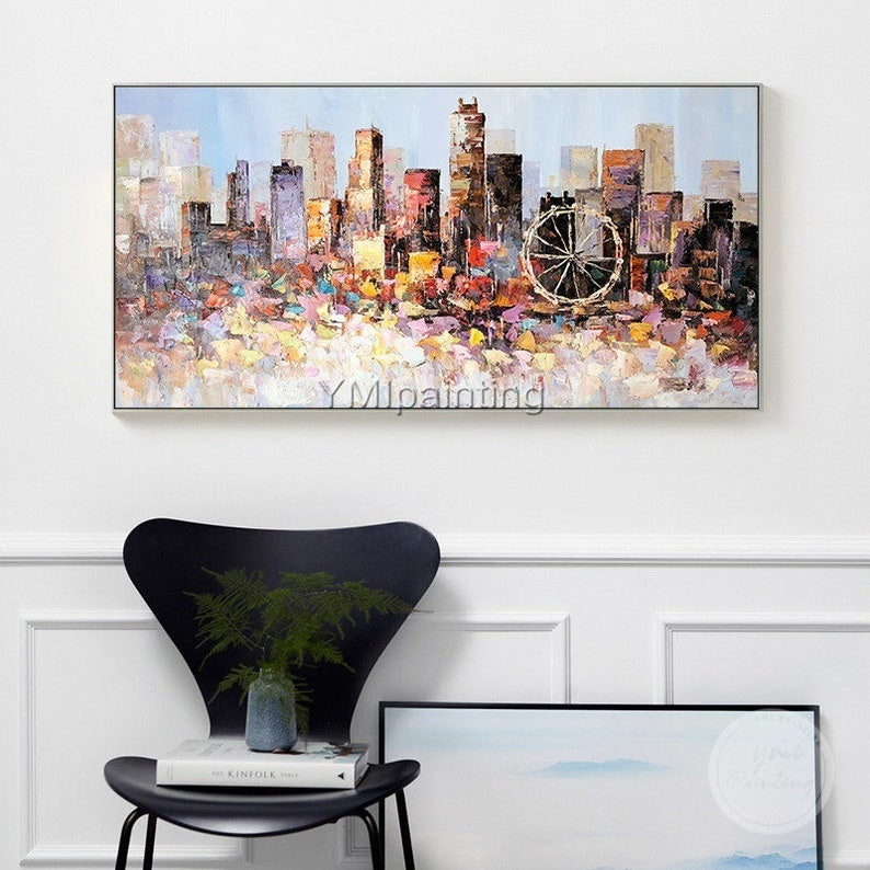 Hand-painted cityscape of Los Angeles, abstract city skyline with bold, expressive brushwork.