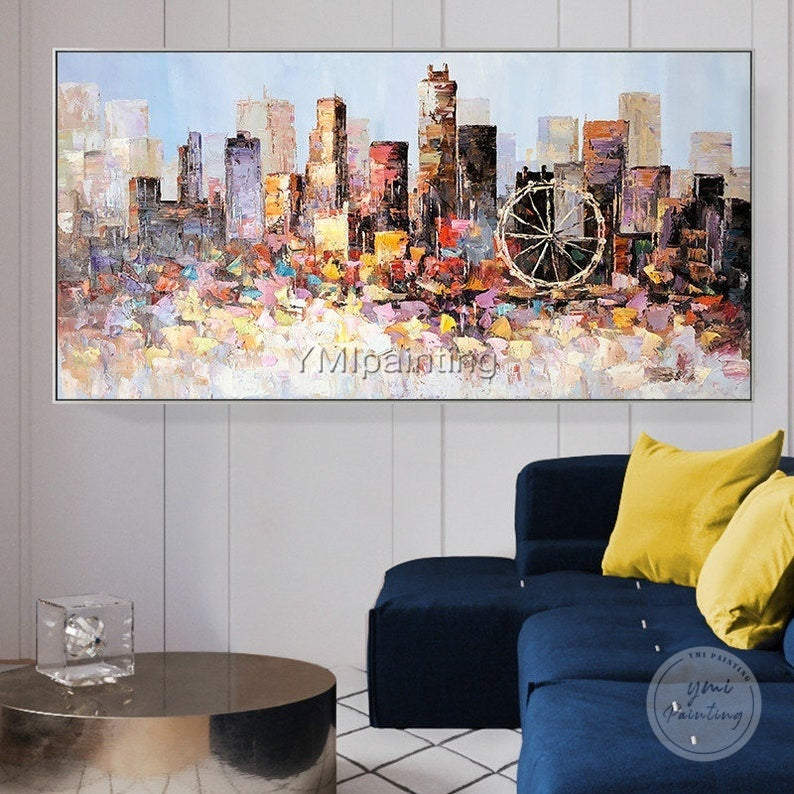Abstract oil painting of Los Angeles skyline, dynamic and modern city art perfect for contemporary interiors.