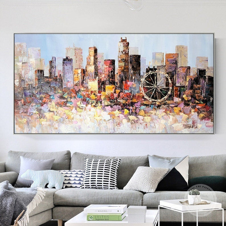 Textured abstract cityscape art of Los Angeles, framed canvas painting capturing the city's energy.