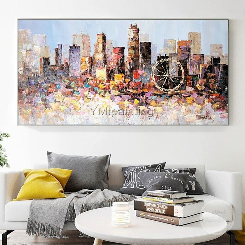 Framed oil painting of Los Angeles skyline with abstract design, ideal for urban and modern decor.