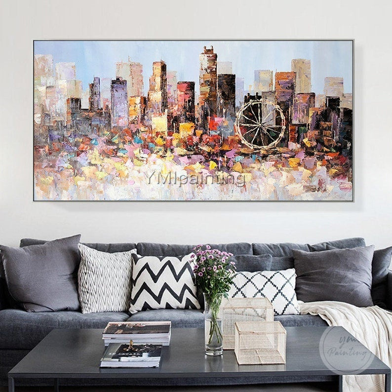 Vibrant abstract cityscape of Los Angeles, hand-painted with expressive strokes and framed on canvas.