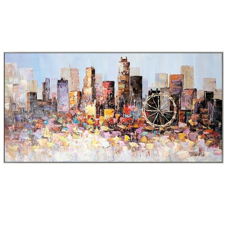 Abstract Los Angeles skyline oil painting, framed canvas art with vibrant colors and textured strokes.