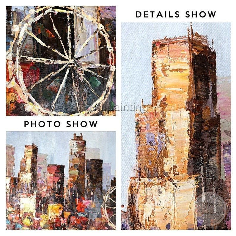 Los Angeles abstract cityscape painting, framed oil on canvas with rich textures and vivid colors.