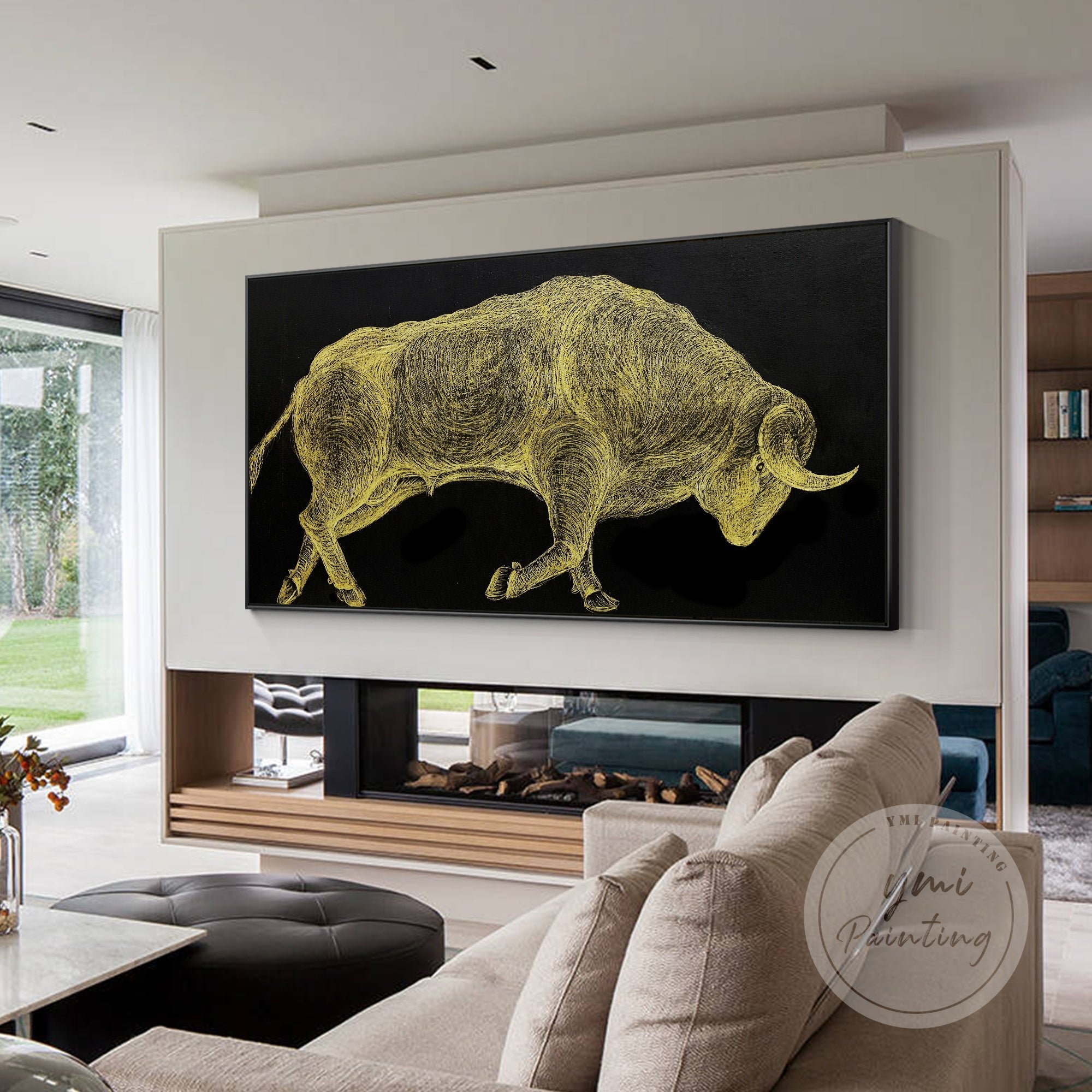 Luxurious golden bull line art in black for fashion living room