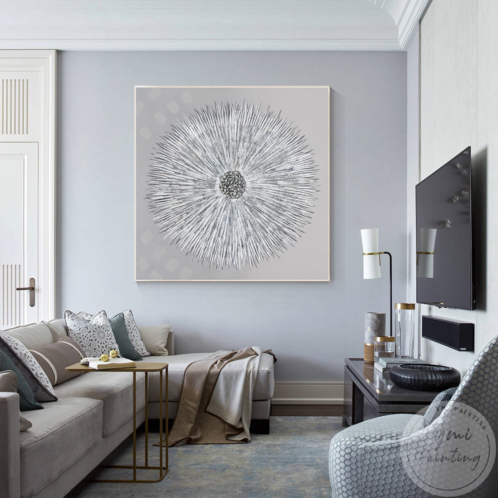 Modern abstract silver flower art with white crystals